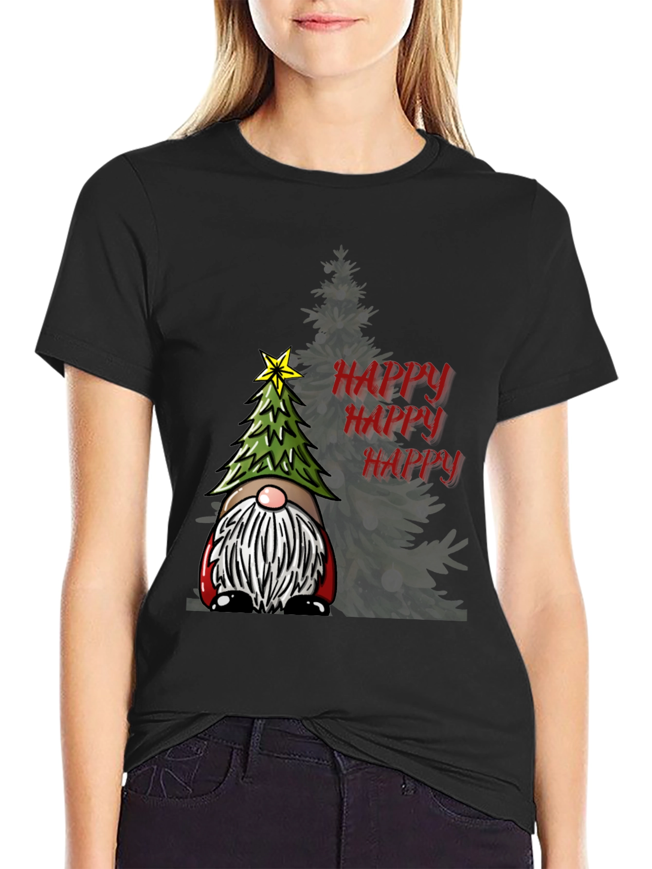 Black Happy Gnome Christmas T-Shirt view 2