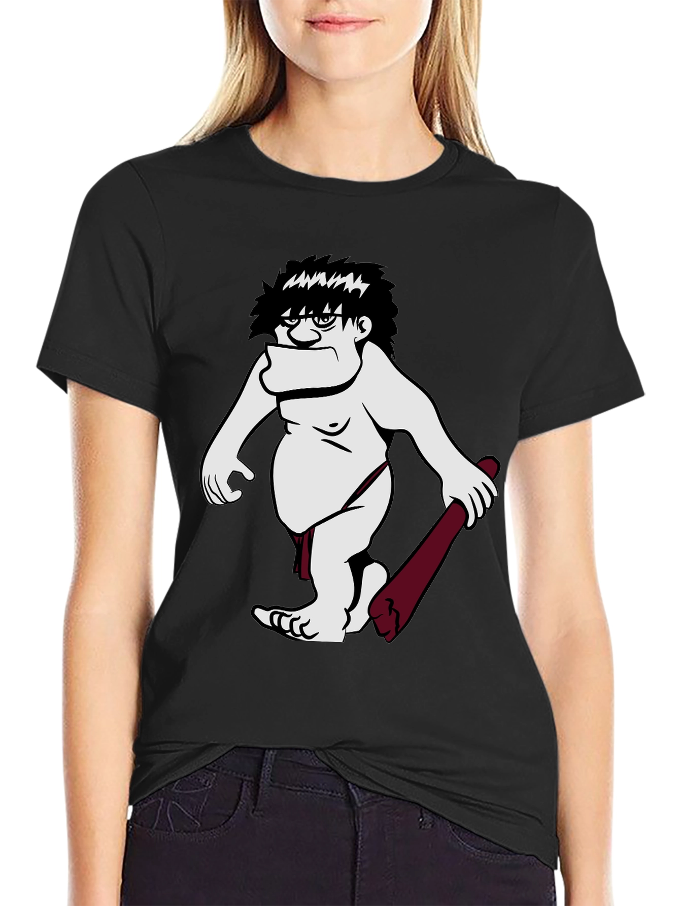 Black Funny Caveman Graphic Tee - Black Short Sleeve Shirt view 2