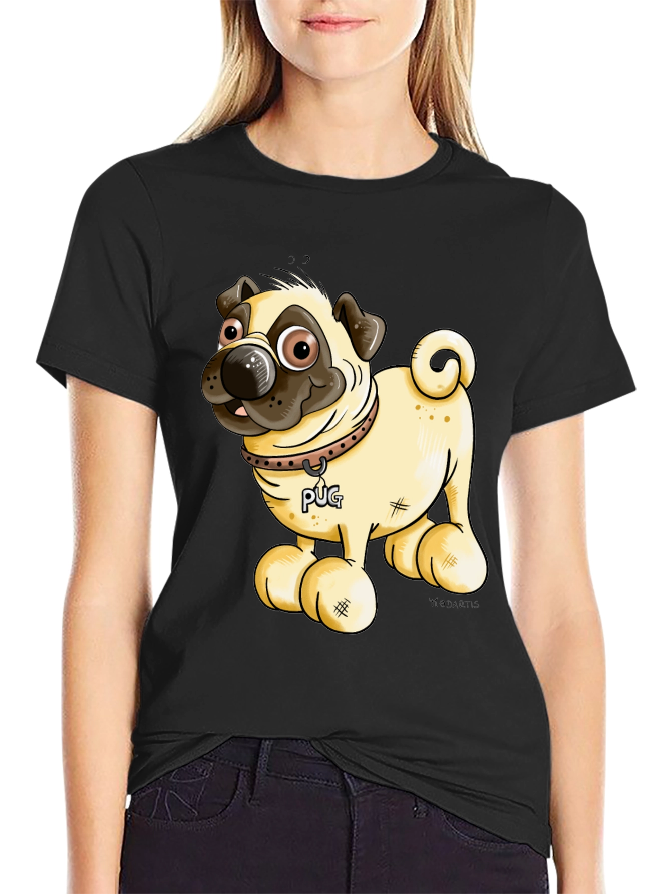 Black Pug Cartoon Black T-Shirt view 2