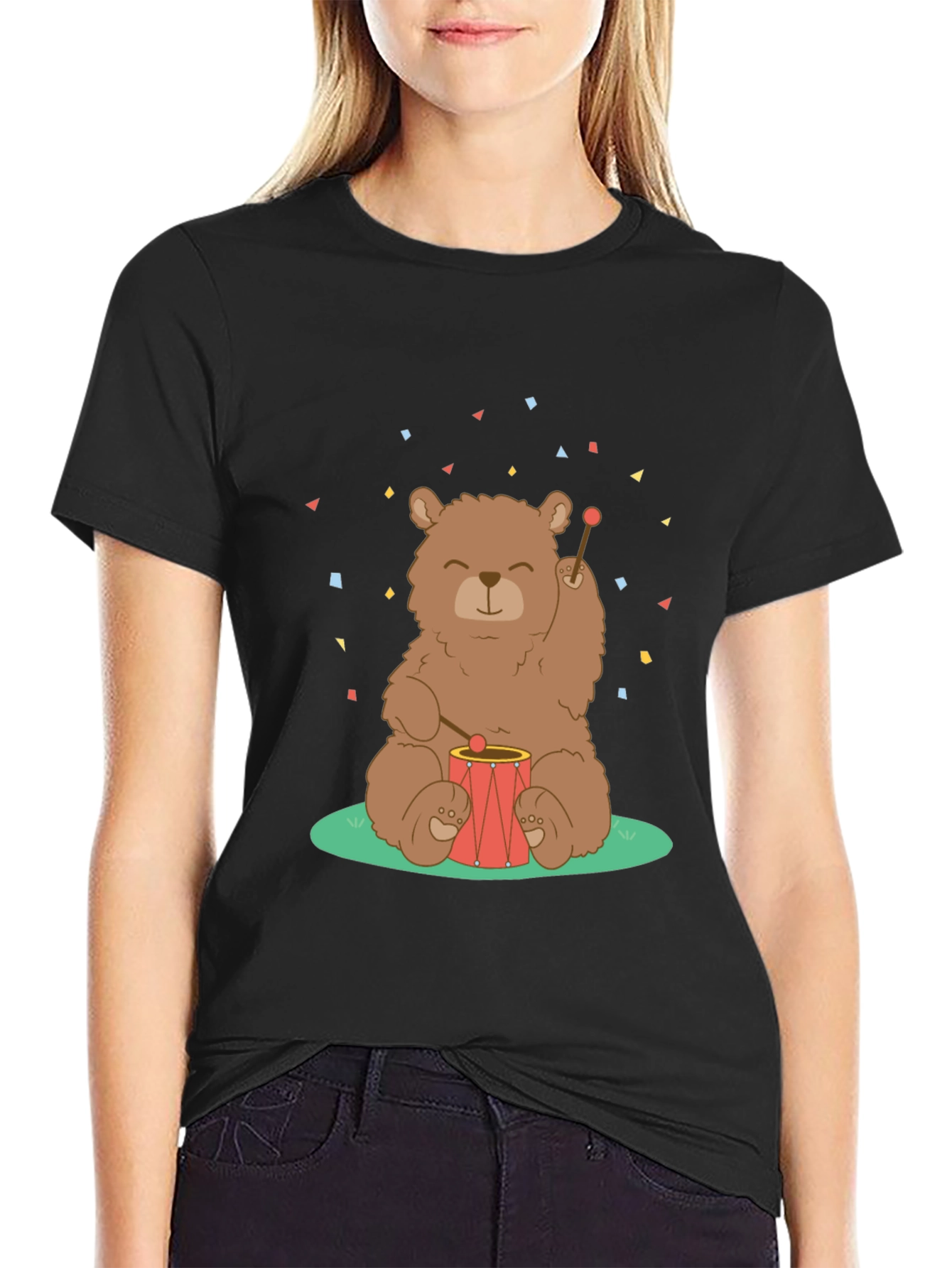 Black Bear Drummer Graphic T-Shirt - Black Cotton Tee view 2