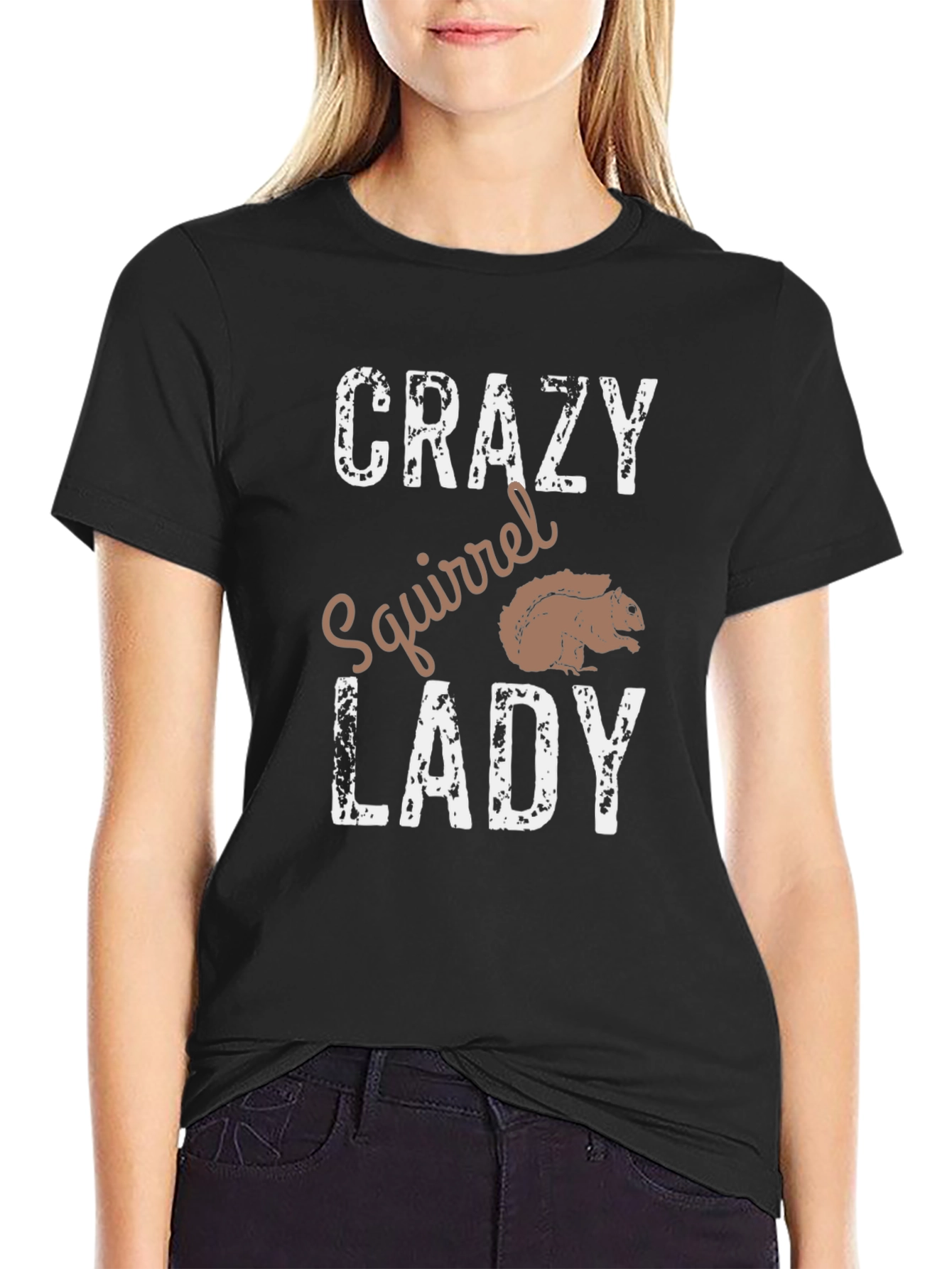 Black Crazy Squirrel Lady T-Shirt - Novelty Graphic Tee view 2