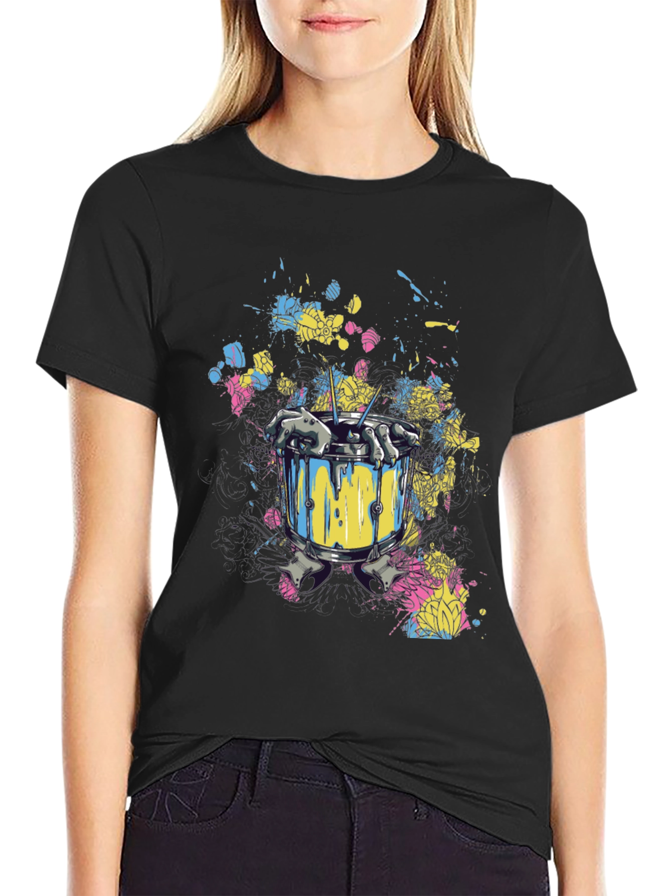 Black Drum Set Splatter Art Black T-Shirt view 2