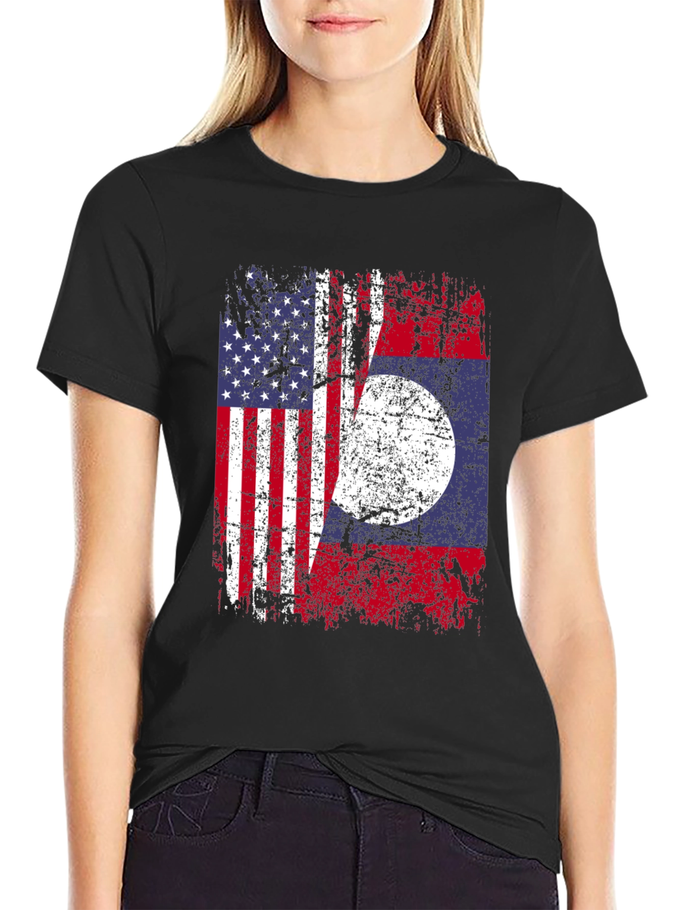Black USA Laos Flag T-Shirt, Patriotic Tee view 2