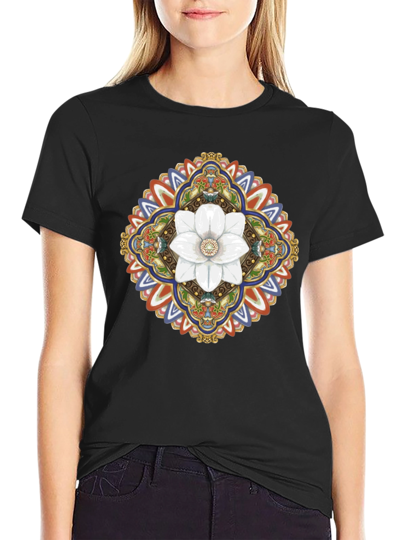 Black Floral Mandala Graphic T-Shirt - Black view 2