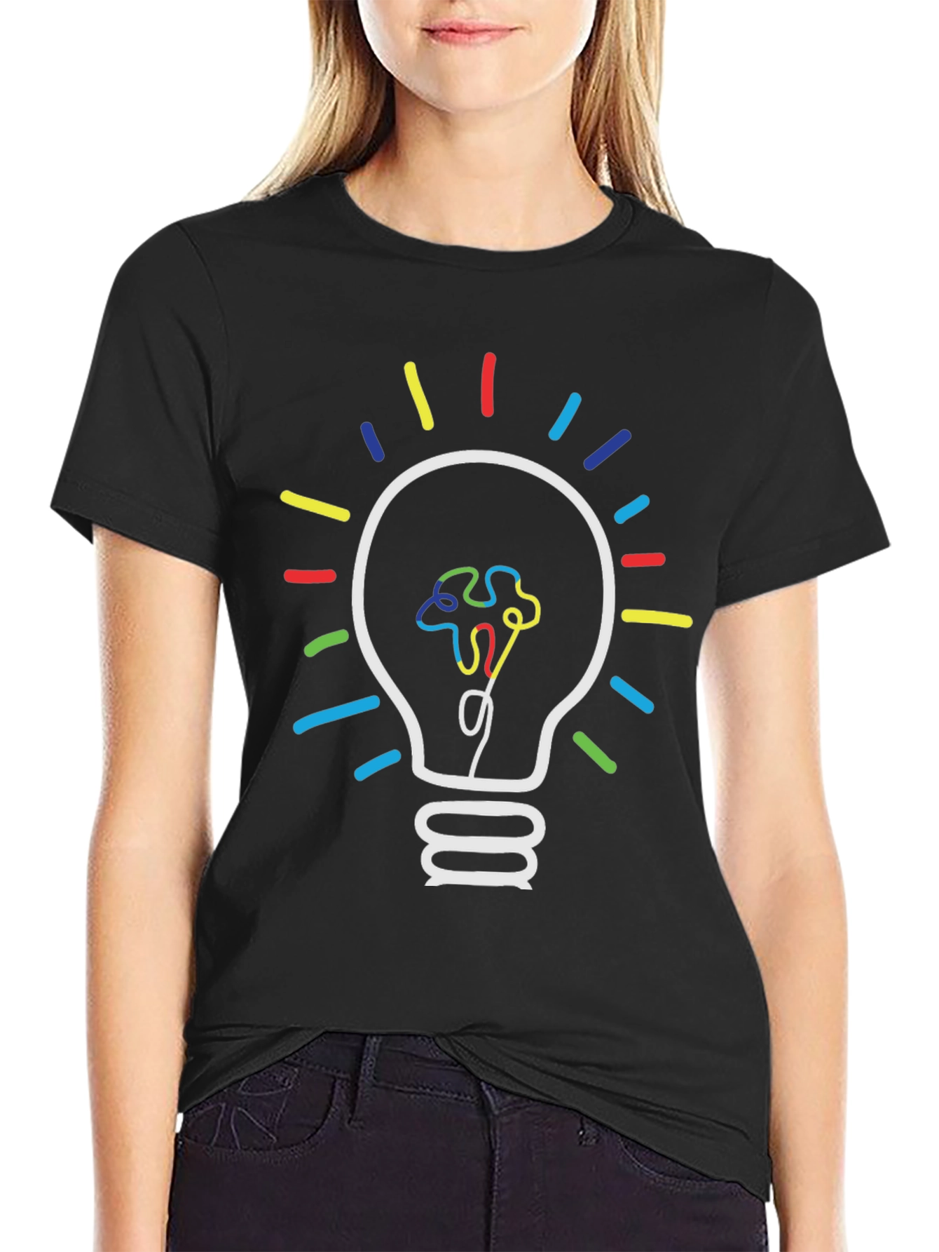 Black Autism Awareness Light Bulb Graphic Tee view 2