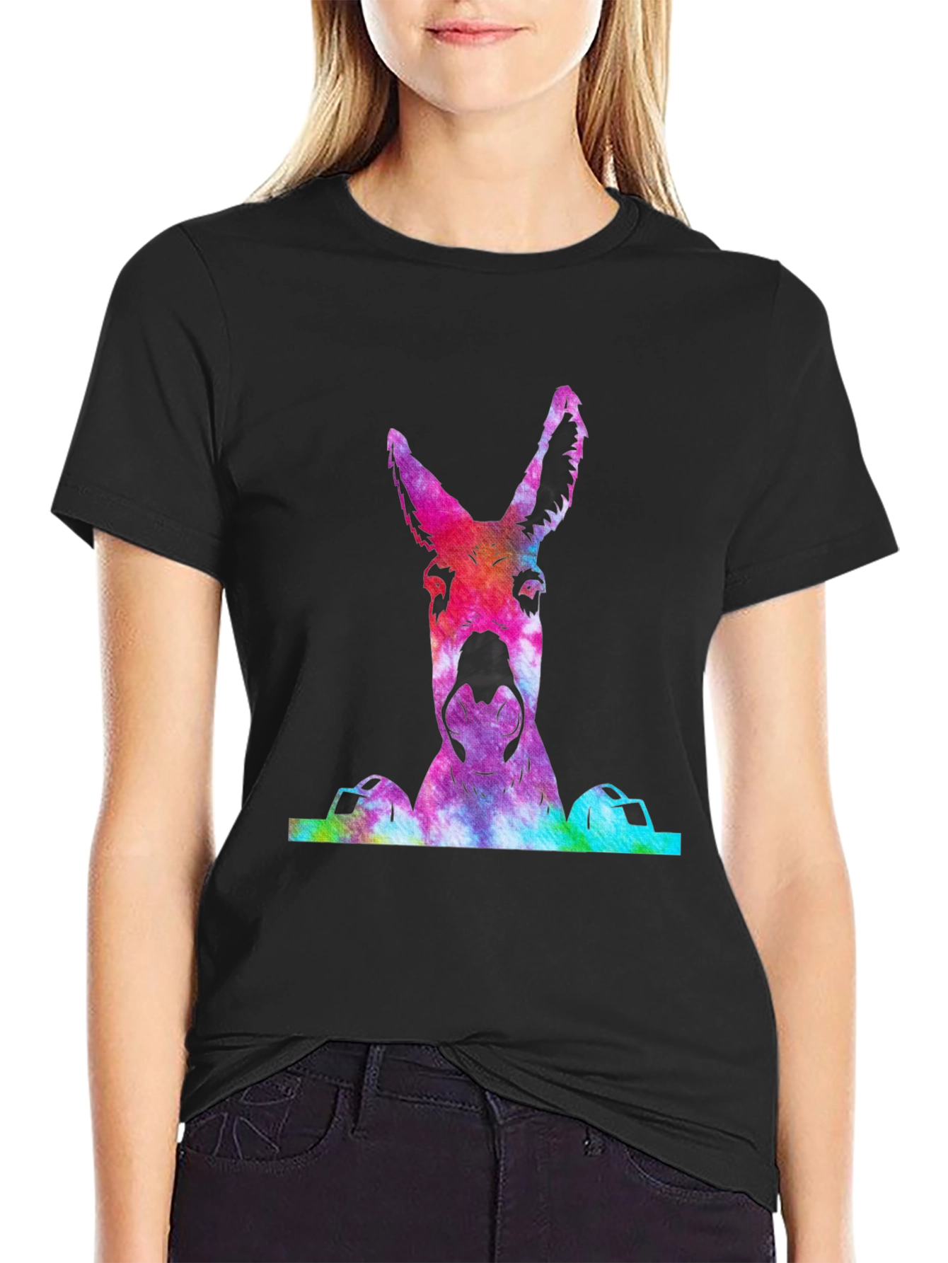 Black Colorful Tie-Dye Donkey Graphic T-Shirt view 2