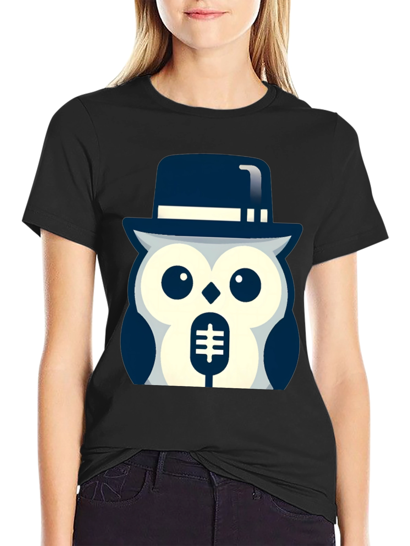 Black Owl in Hat Graphic T-Shirt - Black view 2