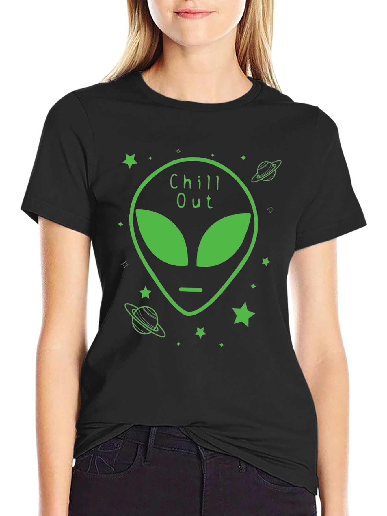 Black Chill Out Alien Graphic Black T-Shirt view 2