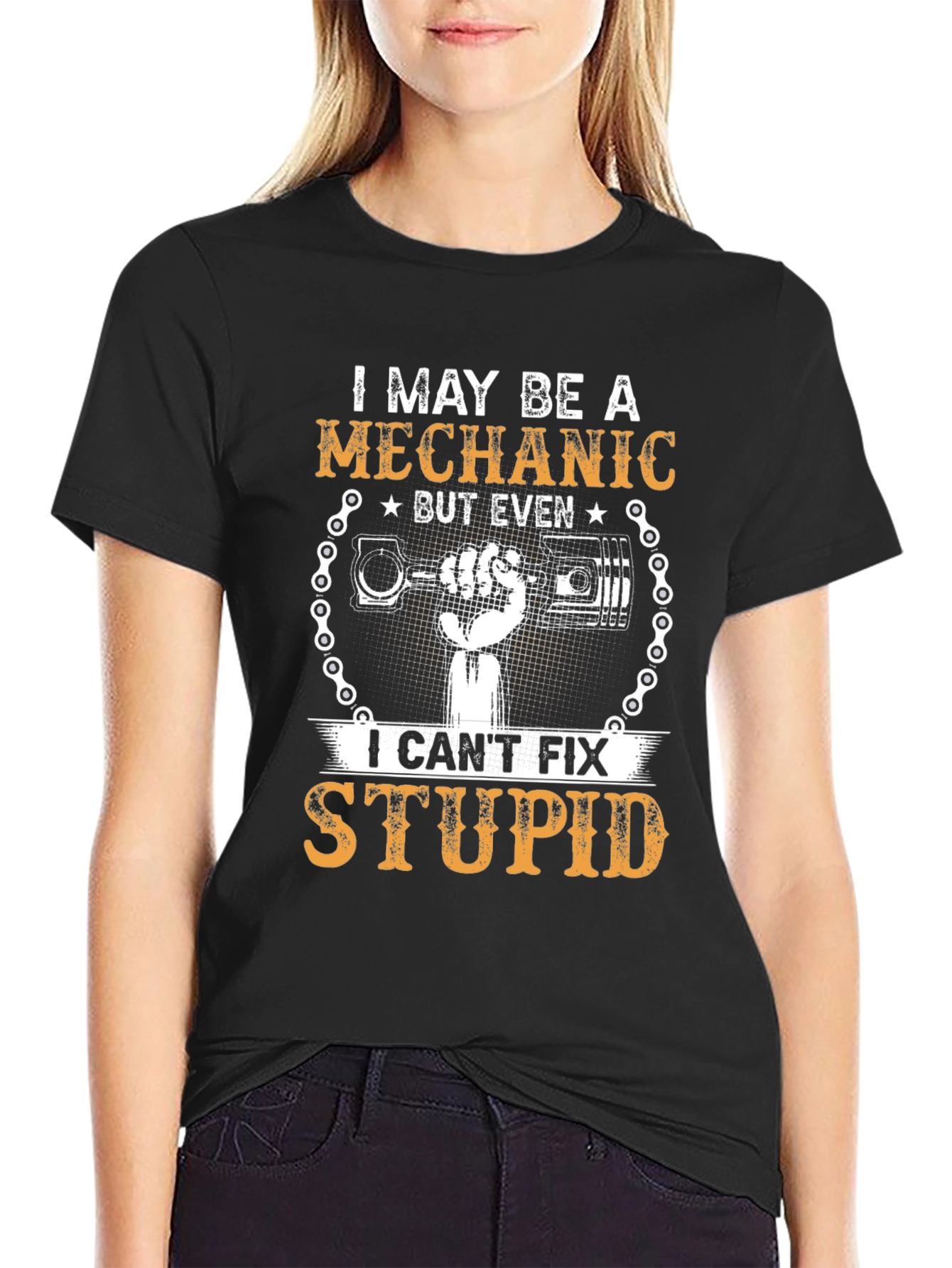 Black Mechanic Humor T-Shirt - Can't Fix Stupid view 2