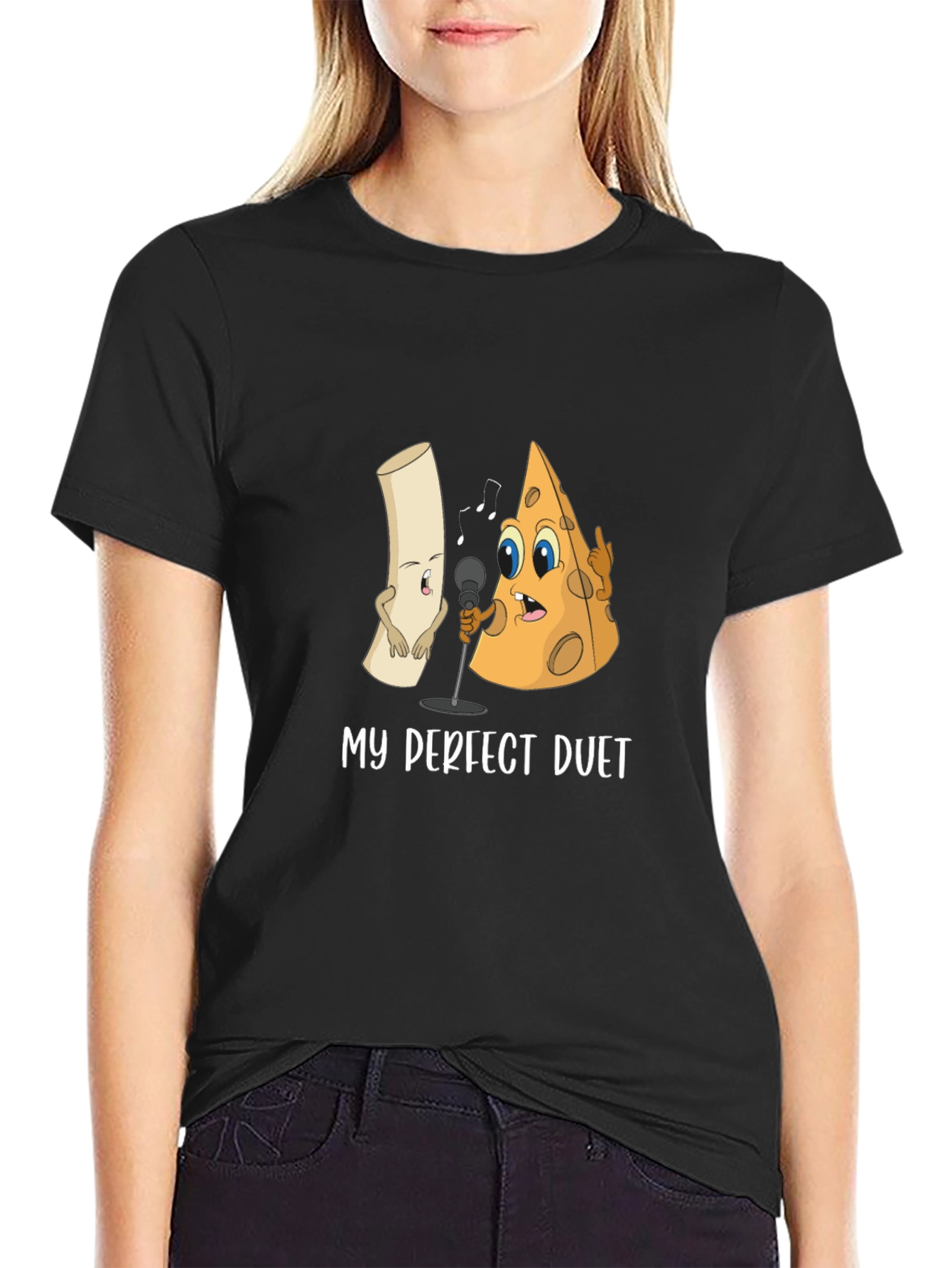 Black My Perfect Duet T-Shirt: Cheese and Macaroni Cartoon Tee view 2
