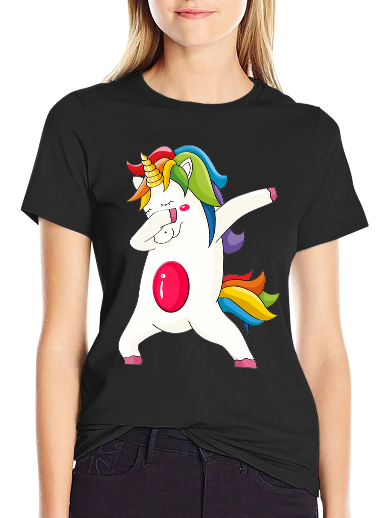 Black Unicorn Dabbing Graphic Tee - Fun & Stylish Black T-Shirt view 2