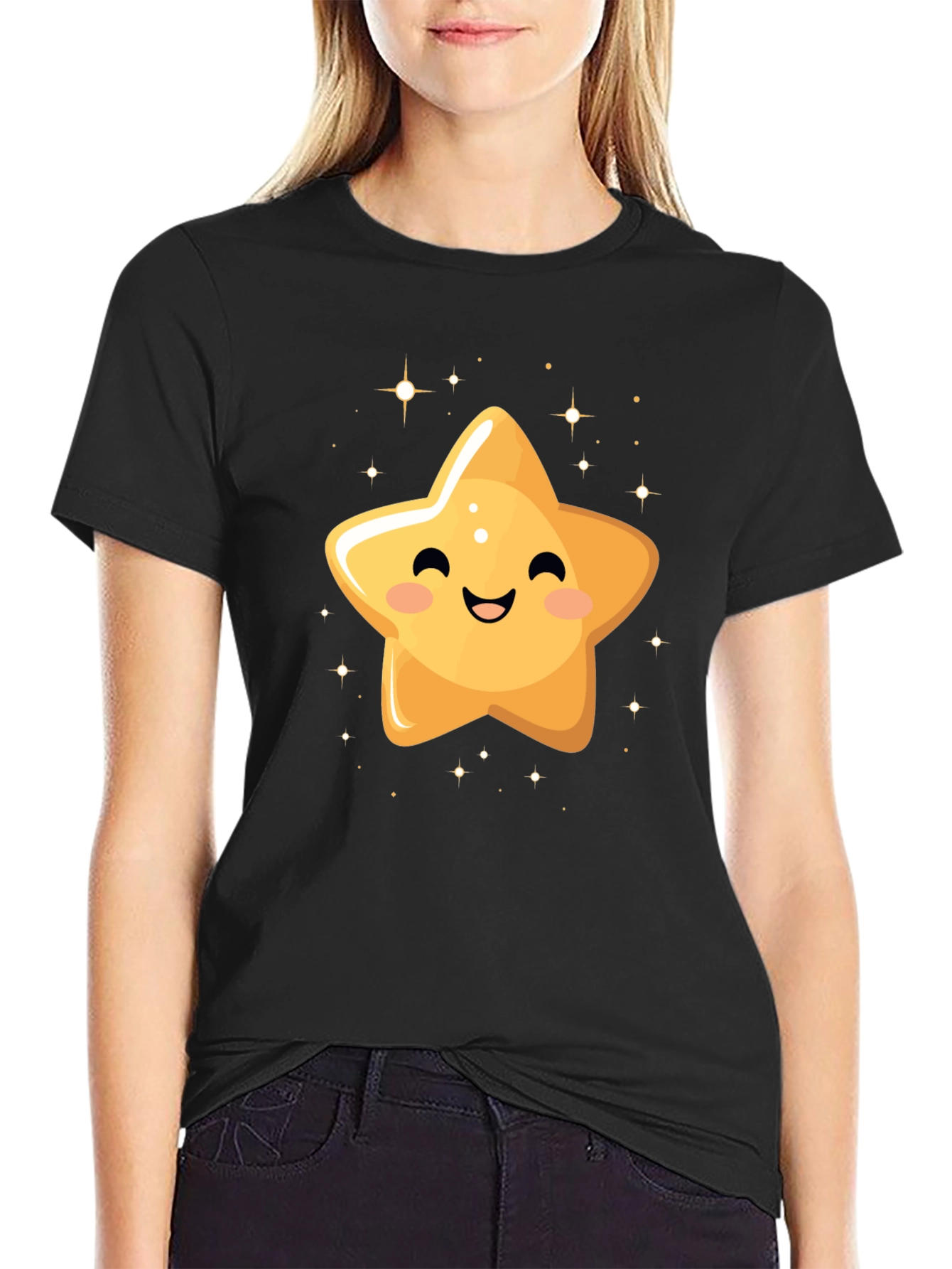 Black Cute Smiling Star Black T-Shirt view 2
