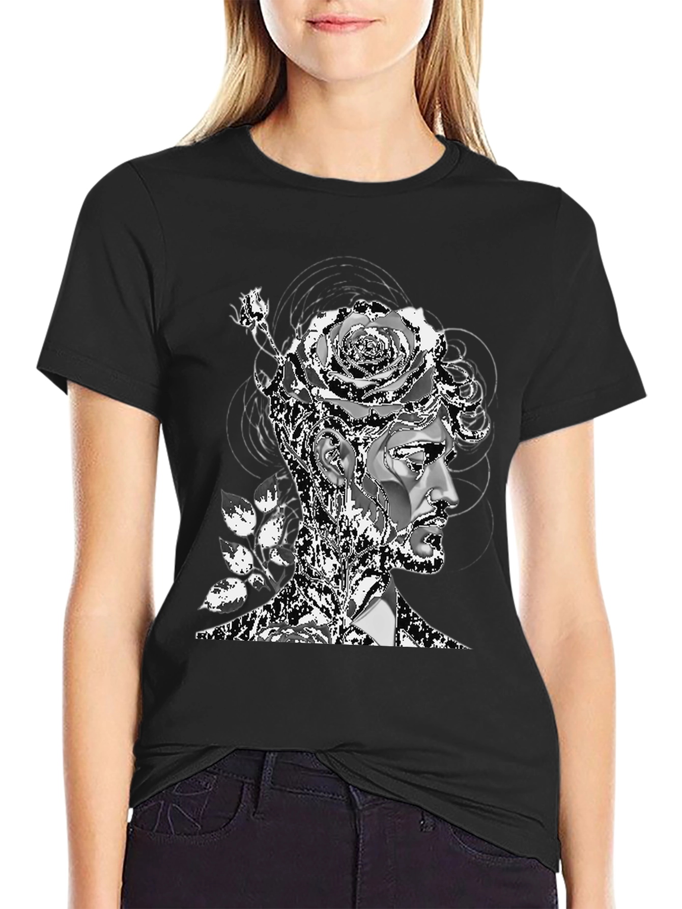 Black Artistic Floral Head T-Shirt - Mens Black Tee view 2