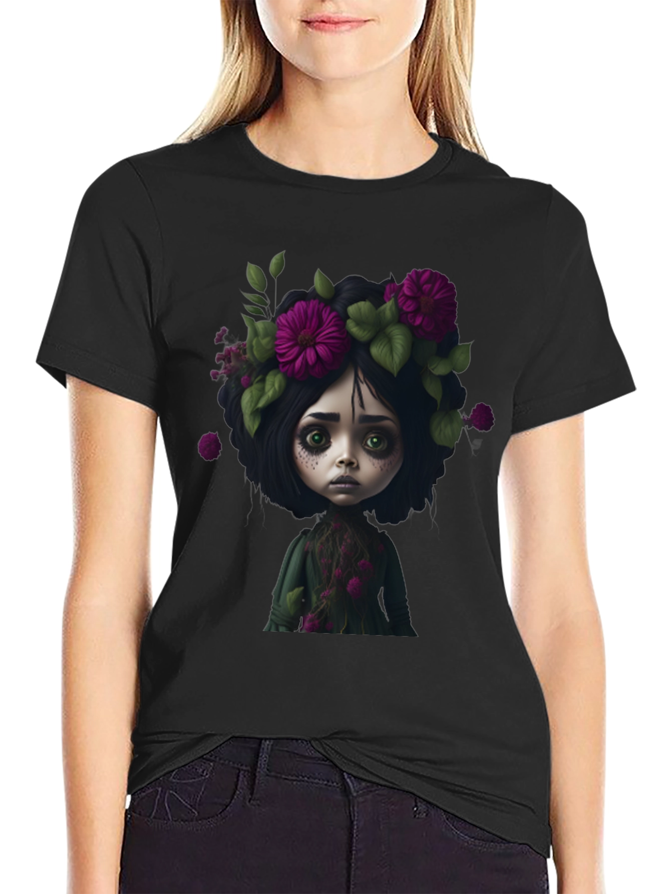 Black Floral Doll Graphic Black T-Shirt view 2