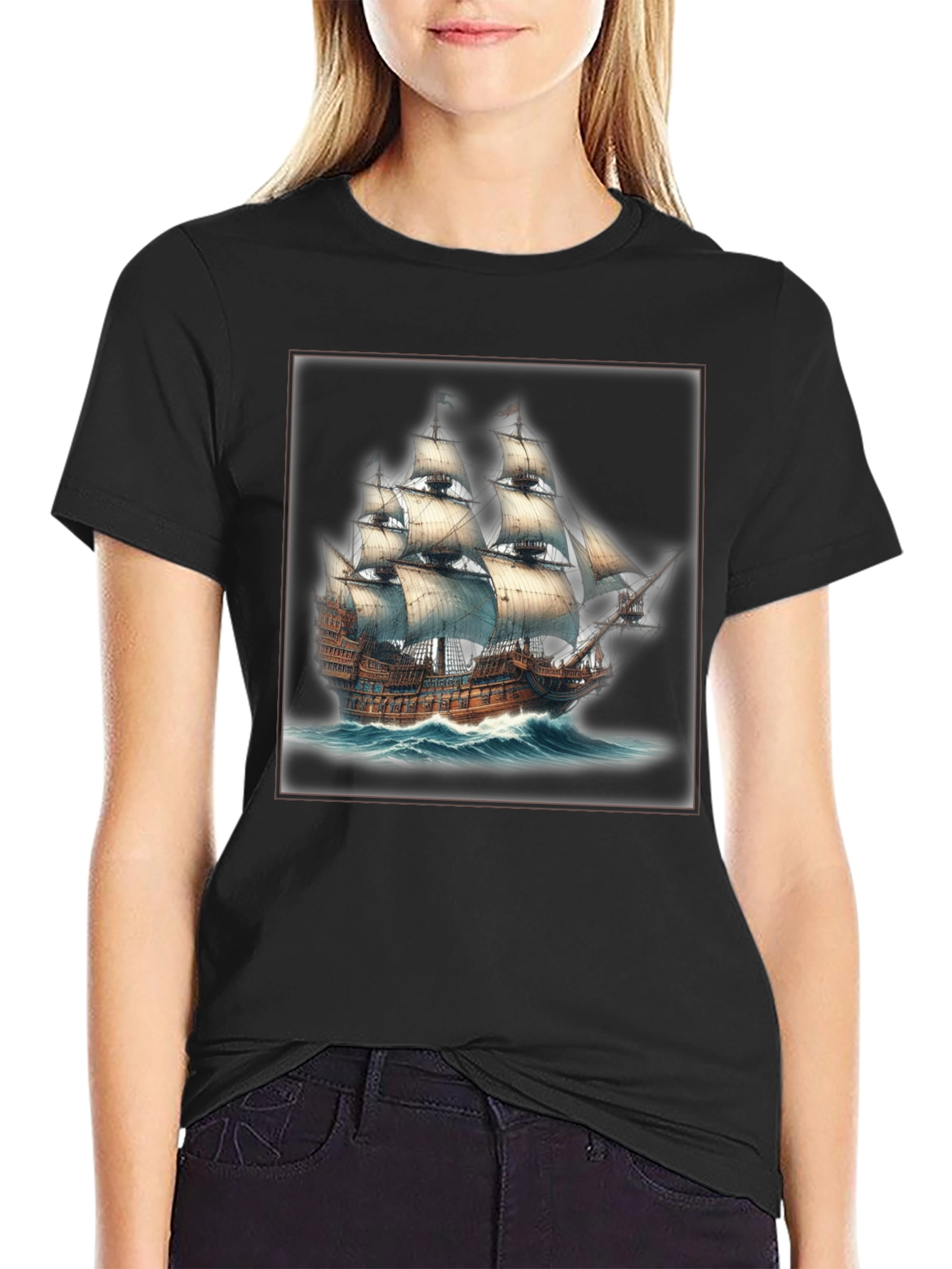 Black Nautical Ship Graphic T-Shirt view 2