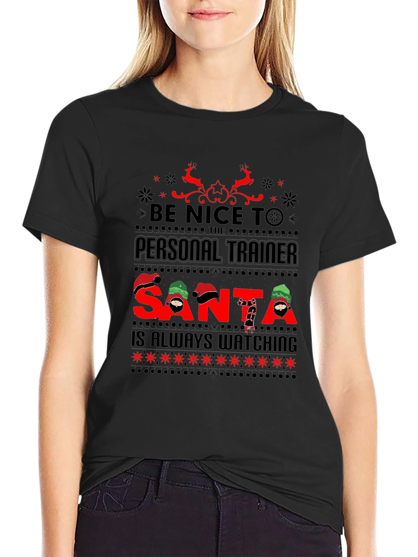 Black Personal Trainer Santa Watching Ugly Christmas T-Shirt view 2