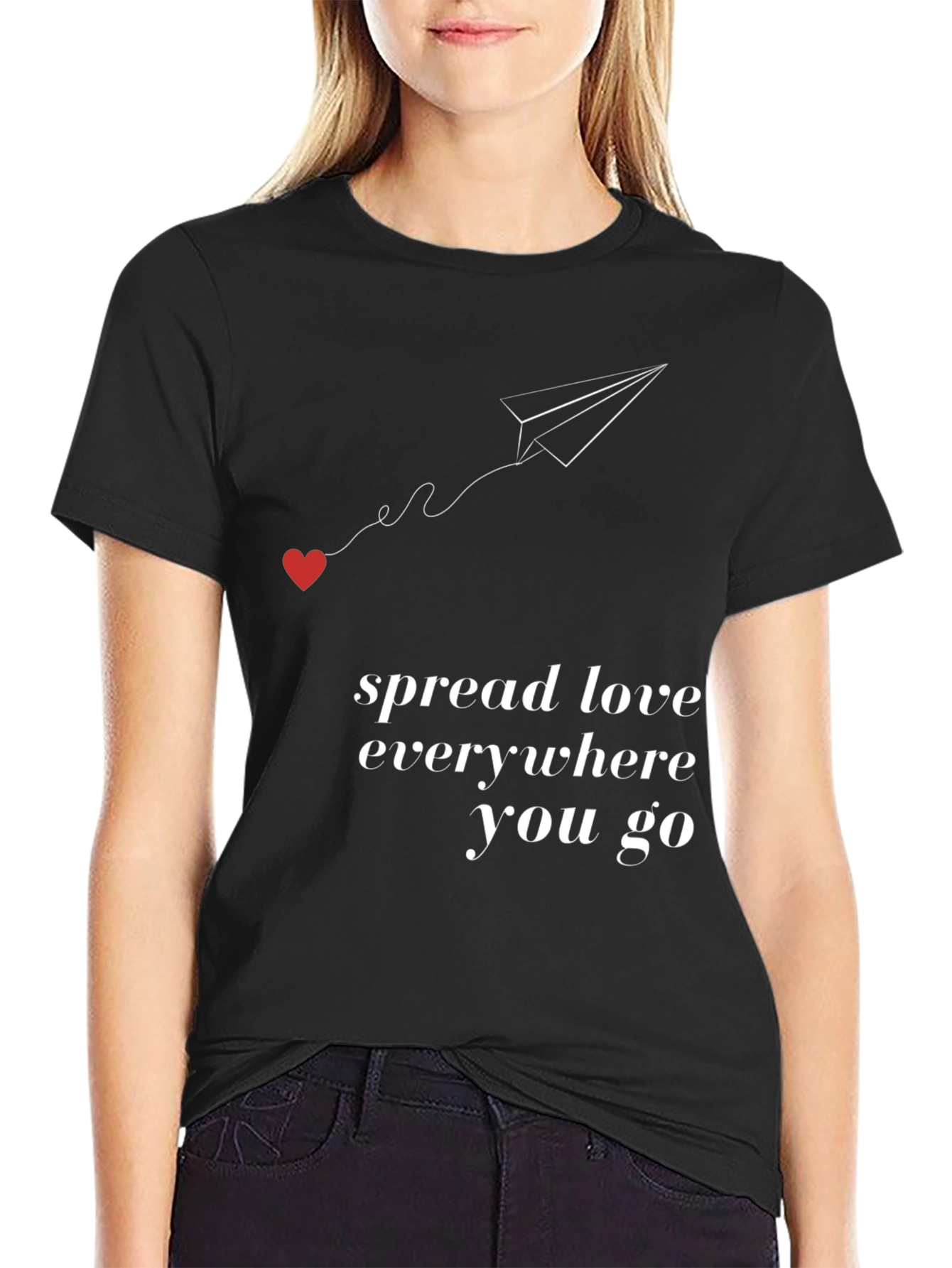 Black Spread Love T-Shirt - Stylish Heart Paper Plane Design view 2