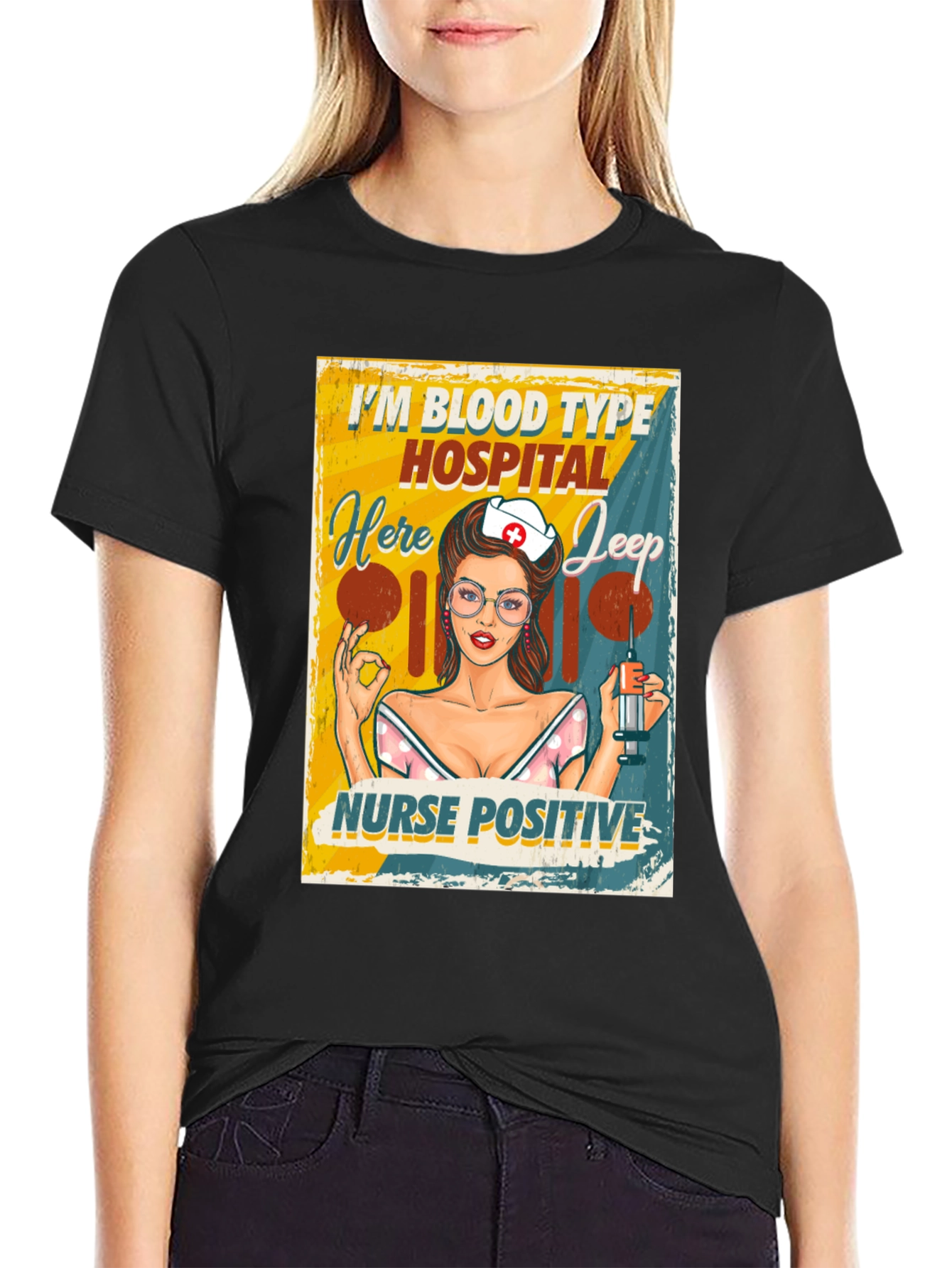 Black Nurse Positive T-Shirt - Blood Type Hospital Jeep view 2