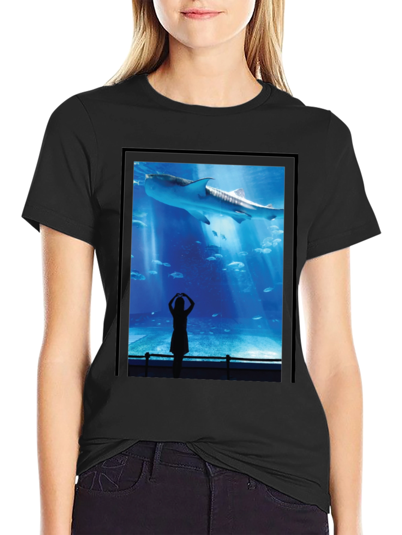 Black Aquarium Shark Graphic Tee - Black Cotton T-Shirt view 2