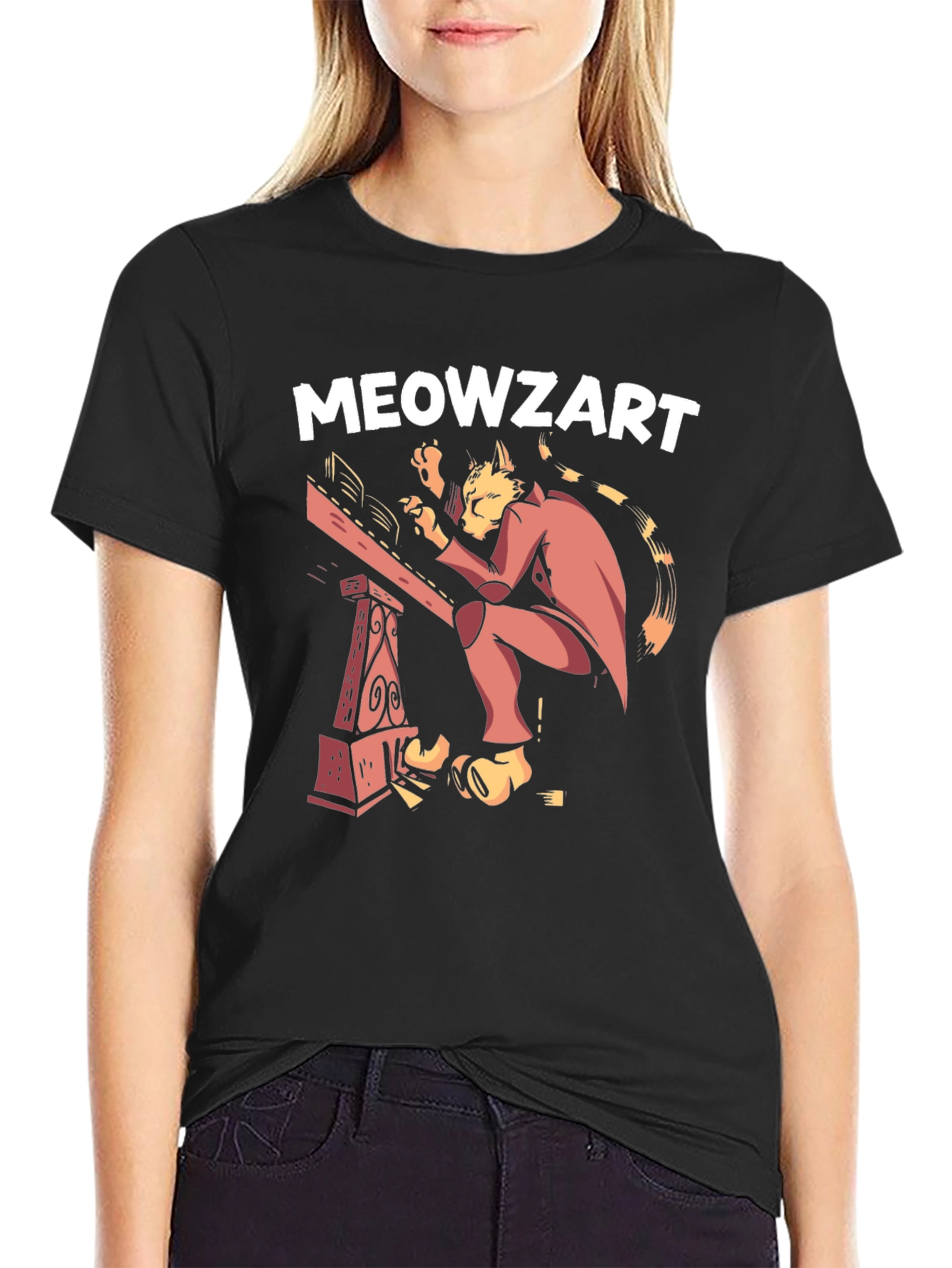 Black Meowzart Cat Musician Graphic T-Shirt view 2