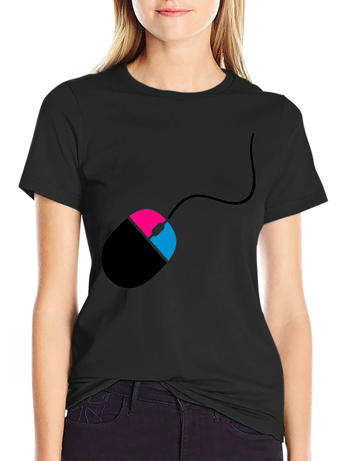 Black Men's Black T-Shirt with Mouse Design view 2