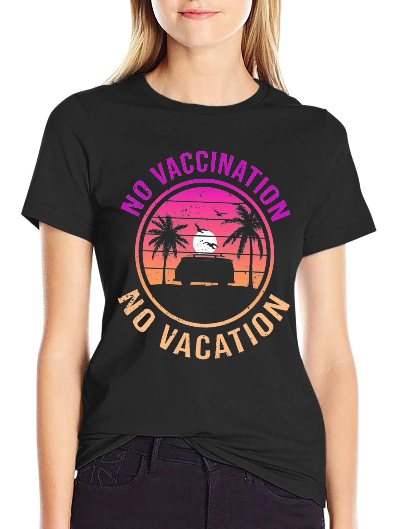 Black No Vaccination No Vacation Graphic T-Shirt view 2
