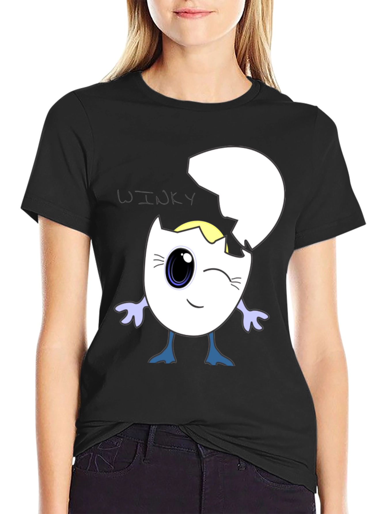Black Winky Egg Graphic T-Shirt - Unique Cartoon Design view 2