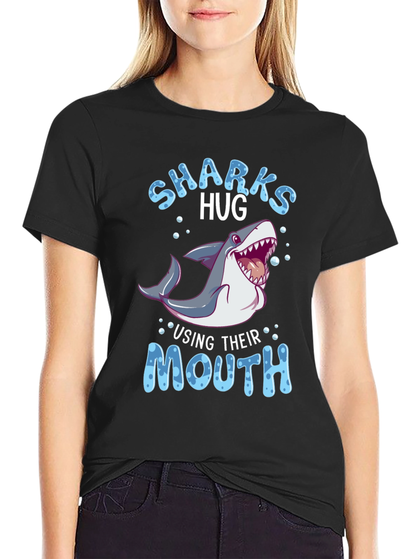 Black Sharks Hug Using Their Mouth T-Shirt - Funny Animal Tee view 2