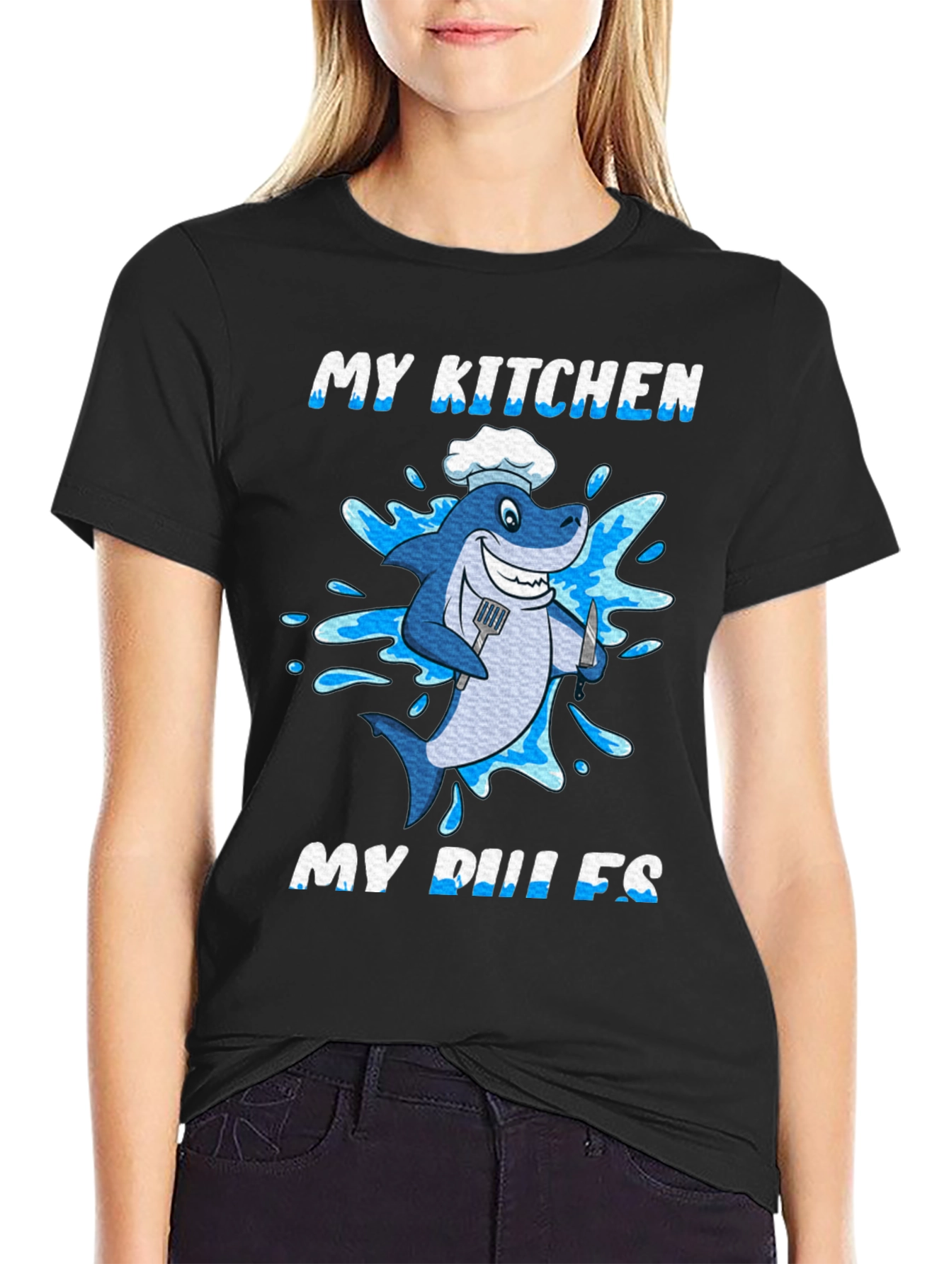 Black My Kitchen My Rules Shark Chef T-Shirt view 2