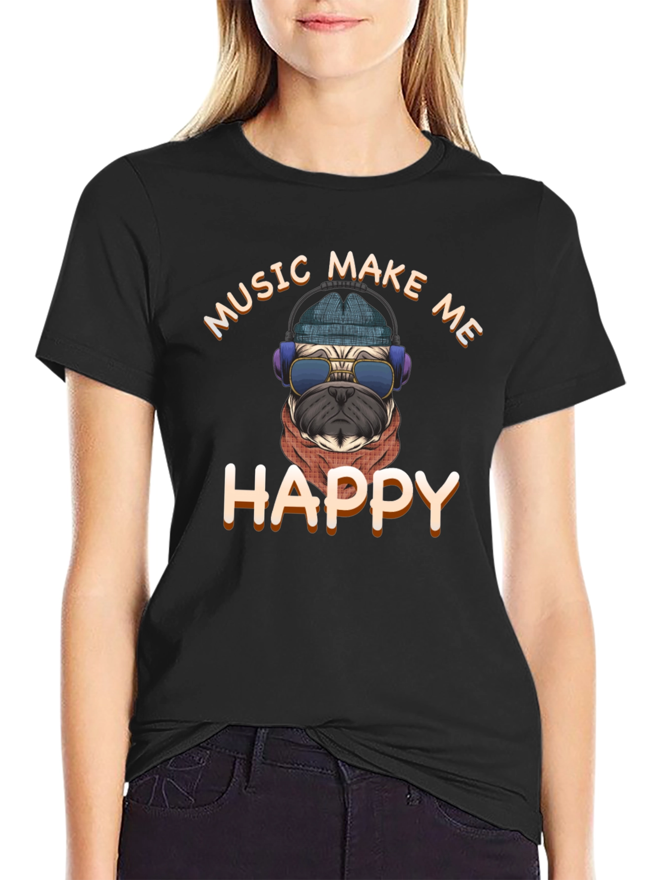 Black Music Make Me Happy Pug Graphic T-Shirt view 2