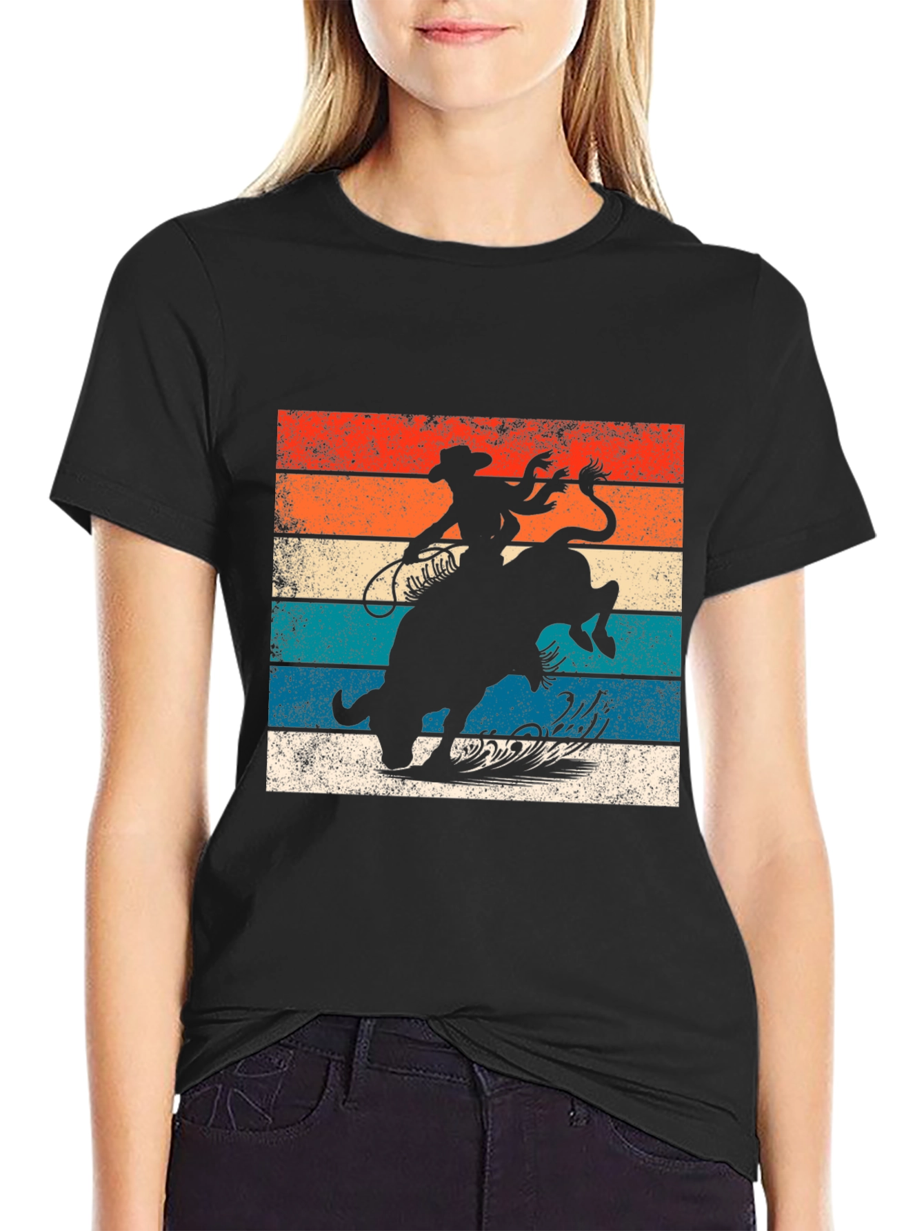 Black Retro Rodeo T-Shirt - Cowboy Riding Bull Design view 2