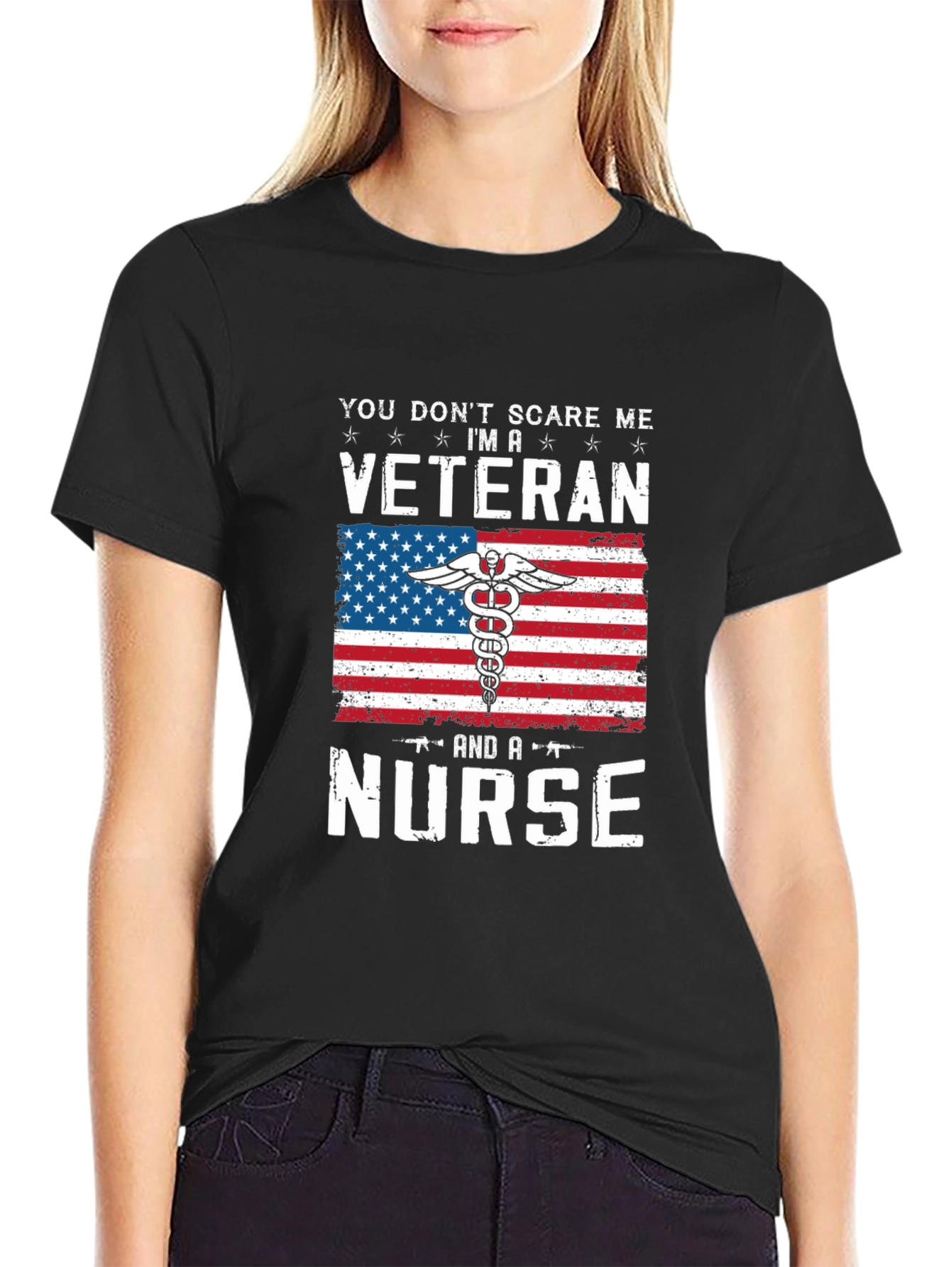 Black Veteran Nurse T-Shirt - Patriotic American Flag Design view 2