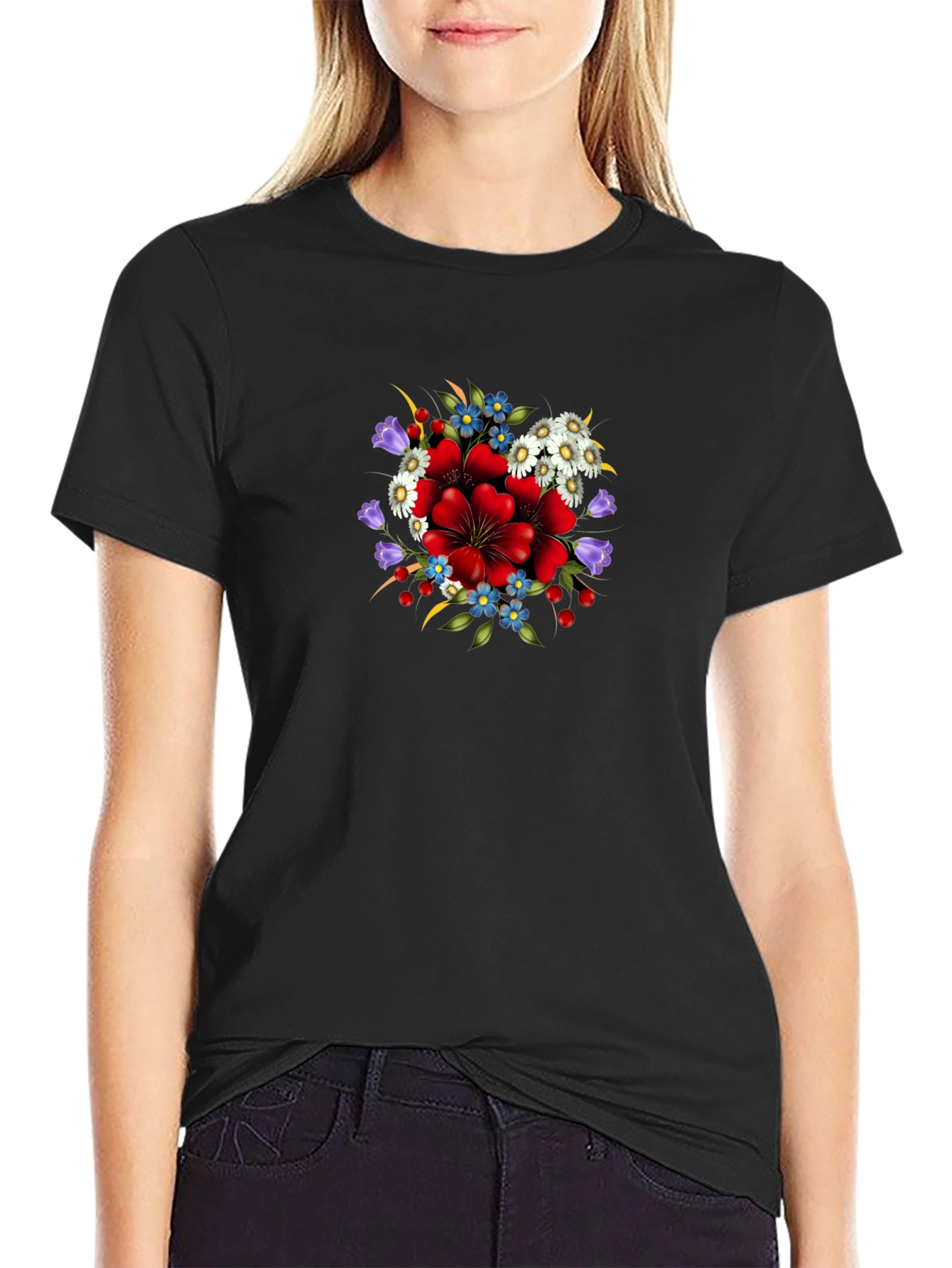 Black Floral Print Crew Neck Tee - Black view 2