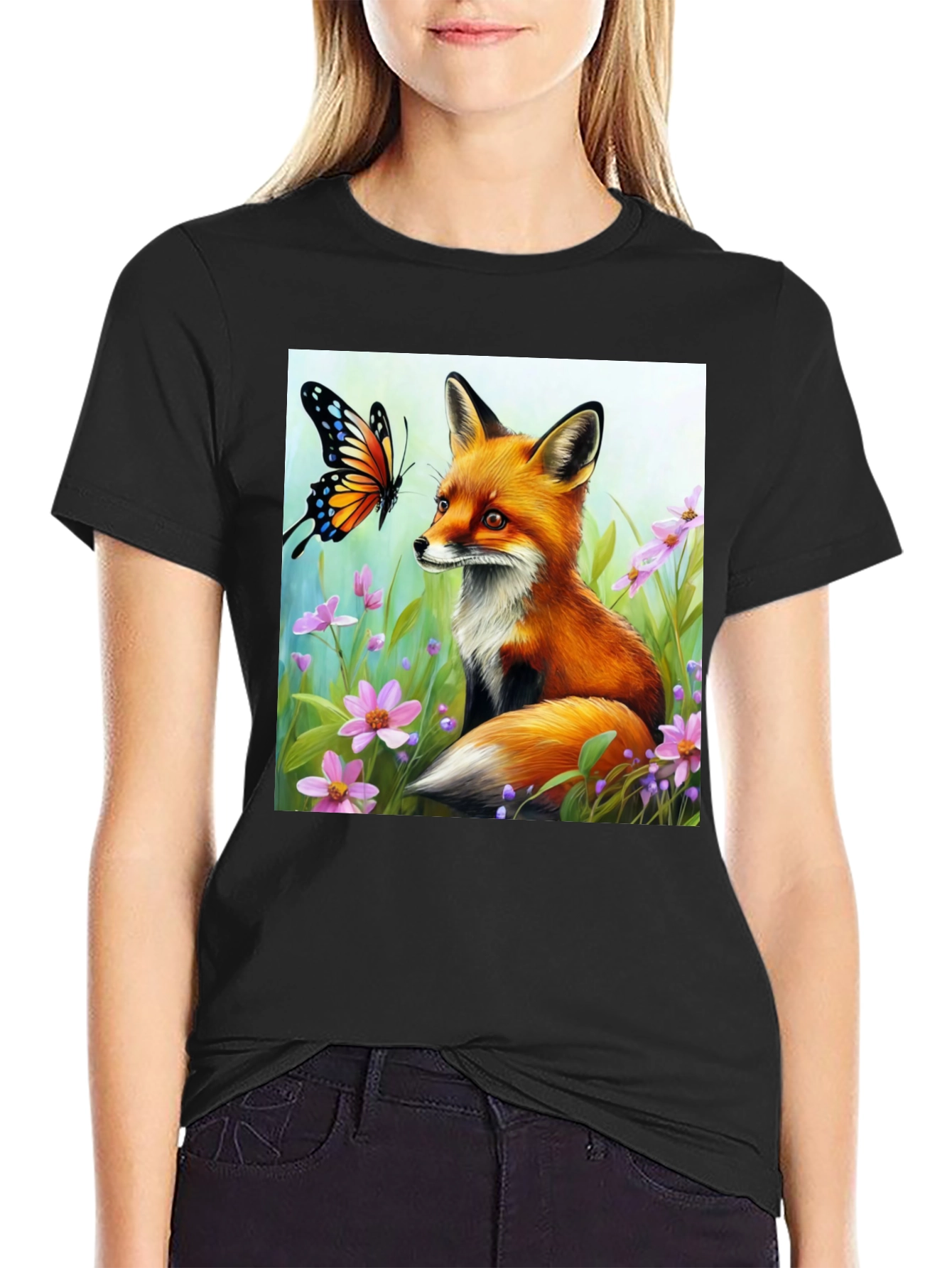 Black Fox & Butterfly Graphic Tee - Nature Lover's Shirt view 2