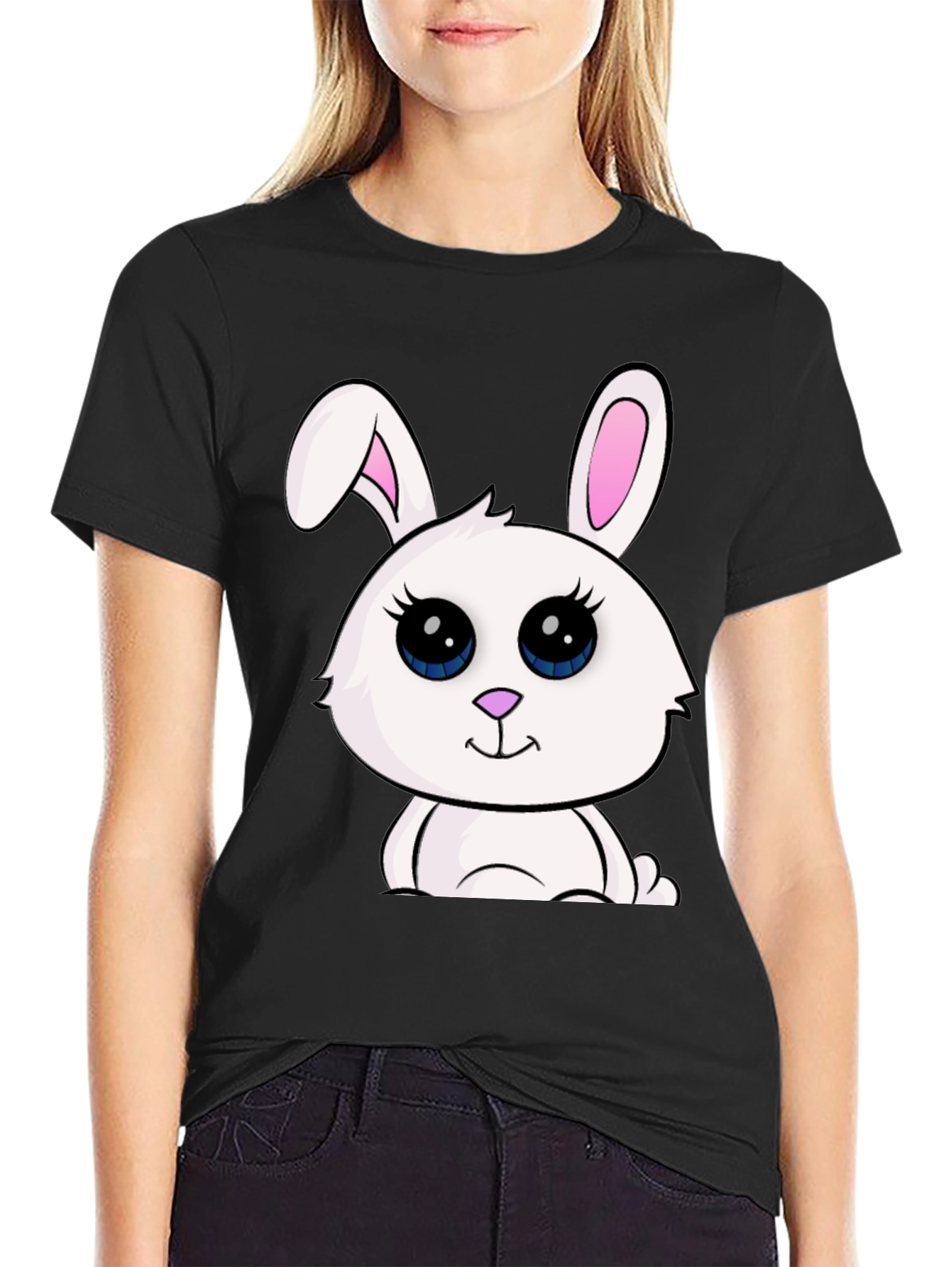 Black Cute Bunny Graphic Tee - Black Cotton Blend view 2