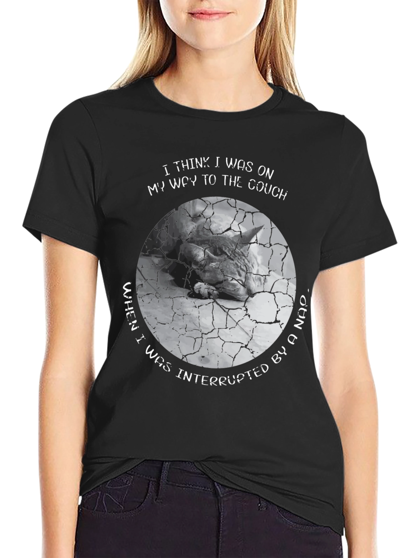 Black Humorous Cat Nap T-Shirt - Couch Interrupted view 2