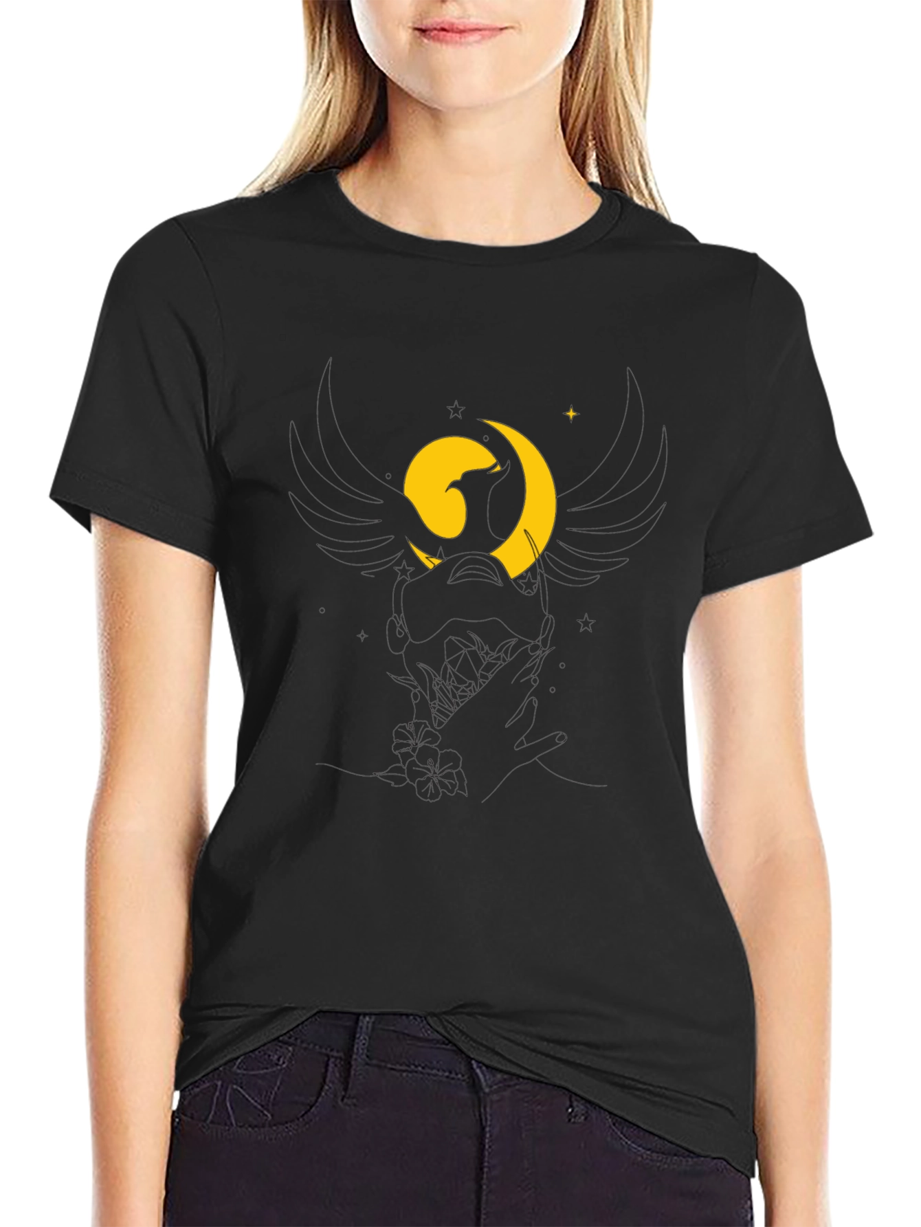 Black Black T-Shirt with Stylized Moon and Bird Graphic view 2