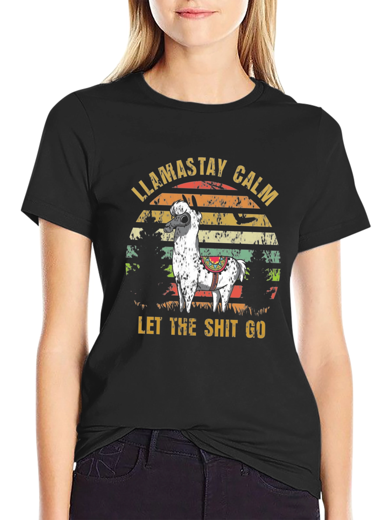 Black Llama Stay Calm T-Shirt - Funny Slogan Tee view 2