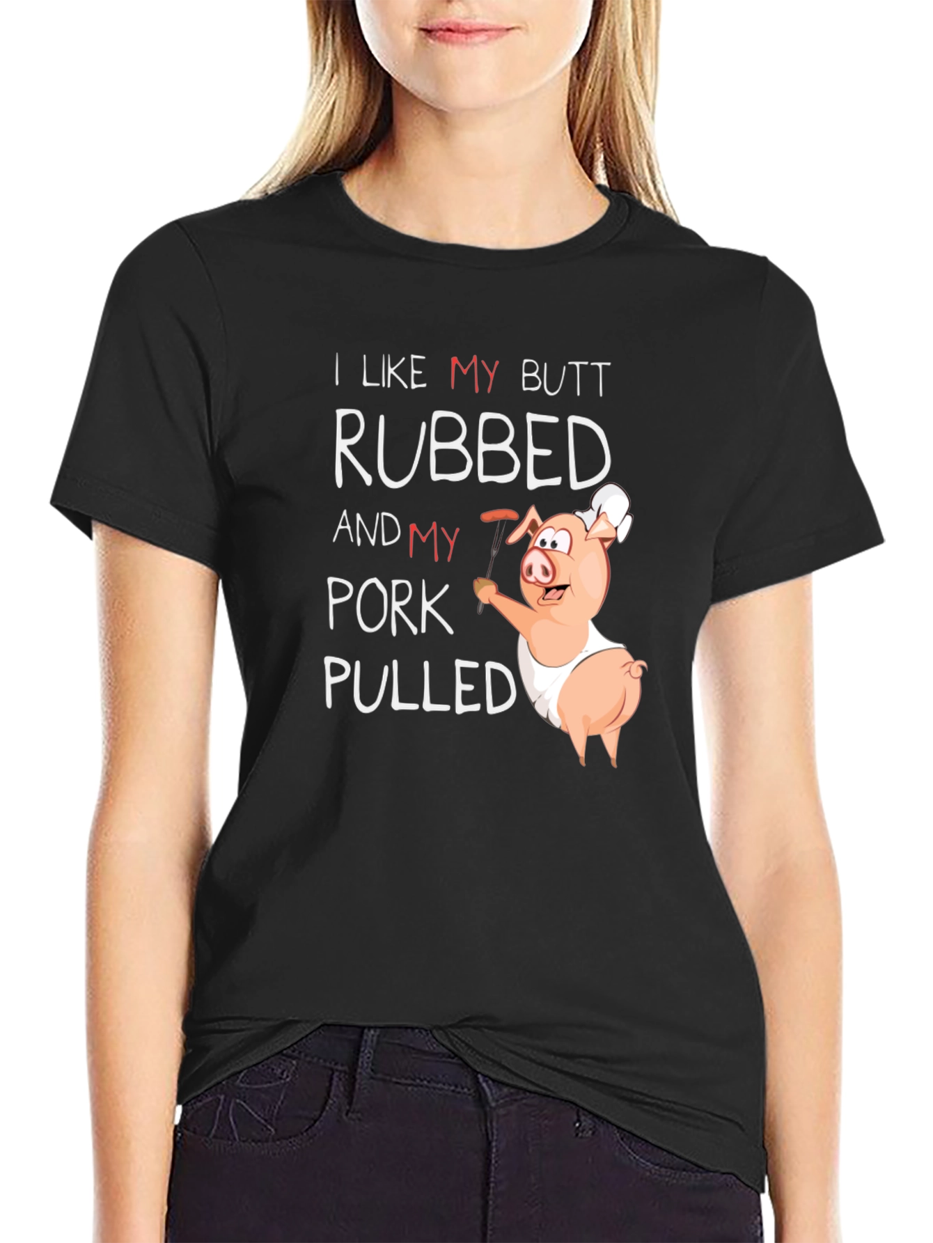 Black Funny BBQ Pig T-Shirt - Butt Rubbed, Pork Pulled view 2