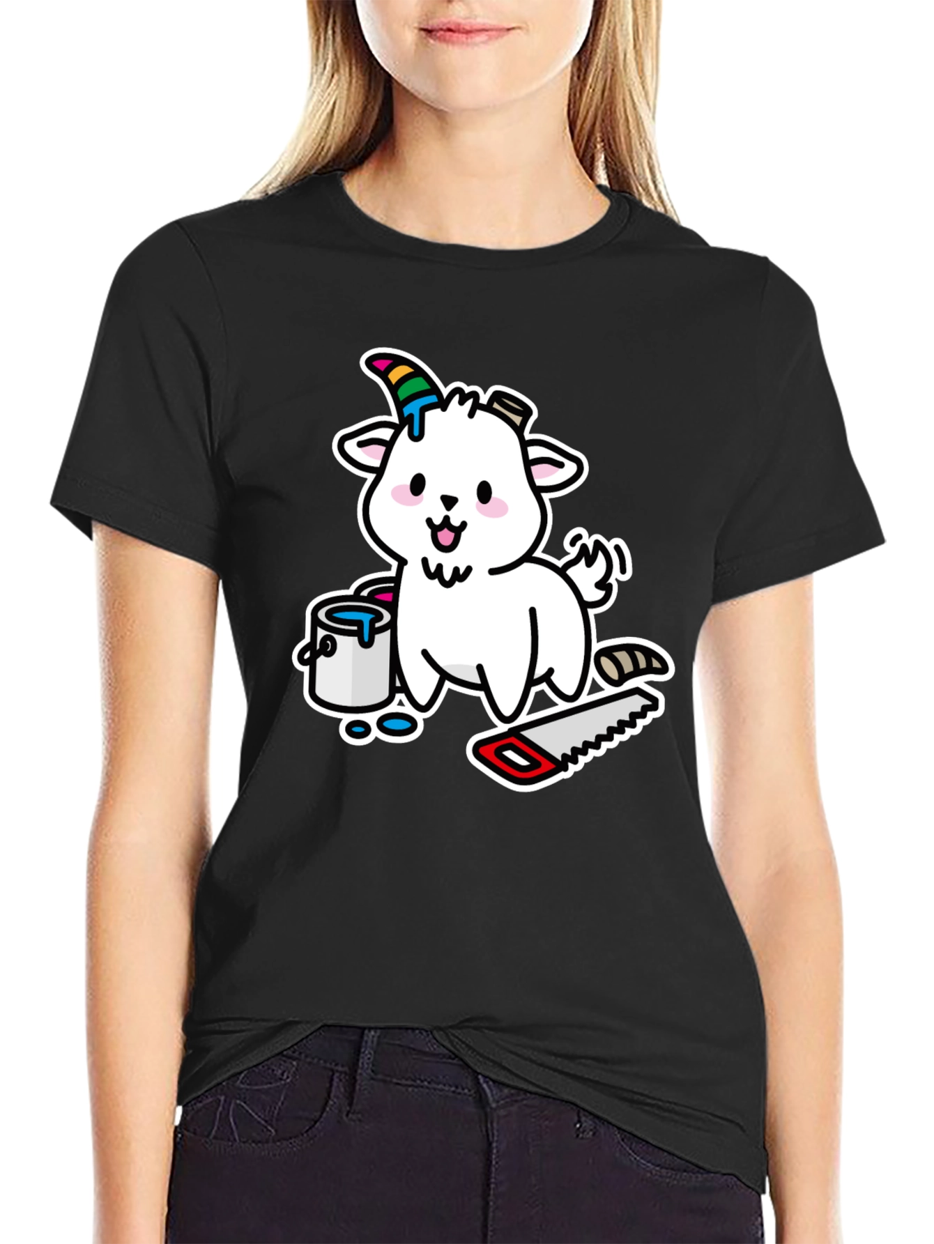 Black Goat DIY T-Shirt: Cartoon Goat with Paint and Saw view 2