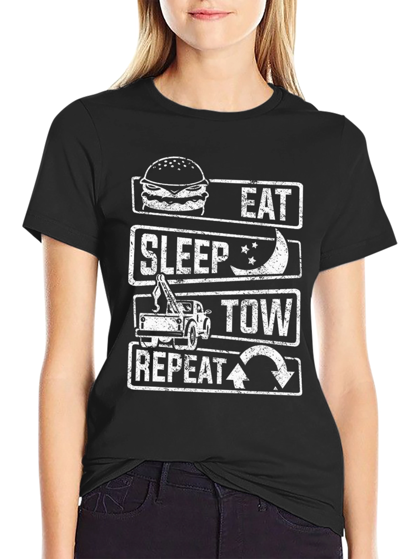 Black Eat Sleep Tow Repeat Funny Tow Truck Driver T-Shirt view 2