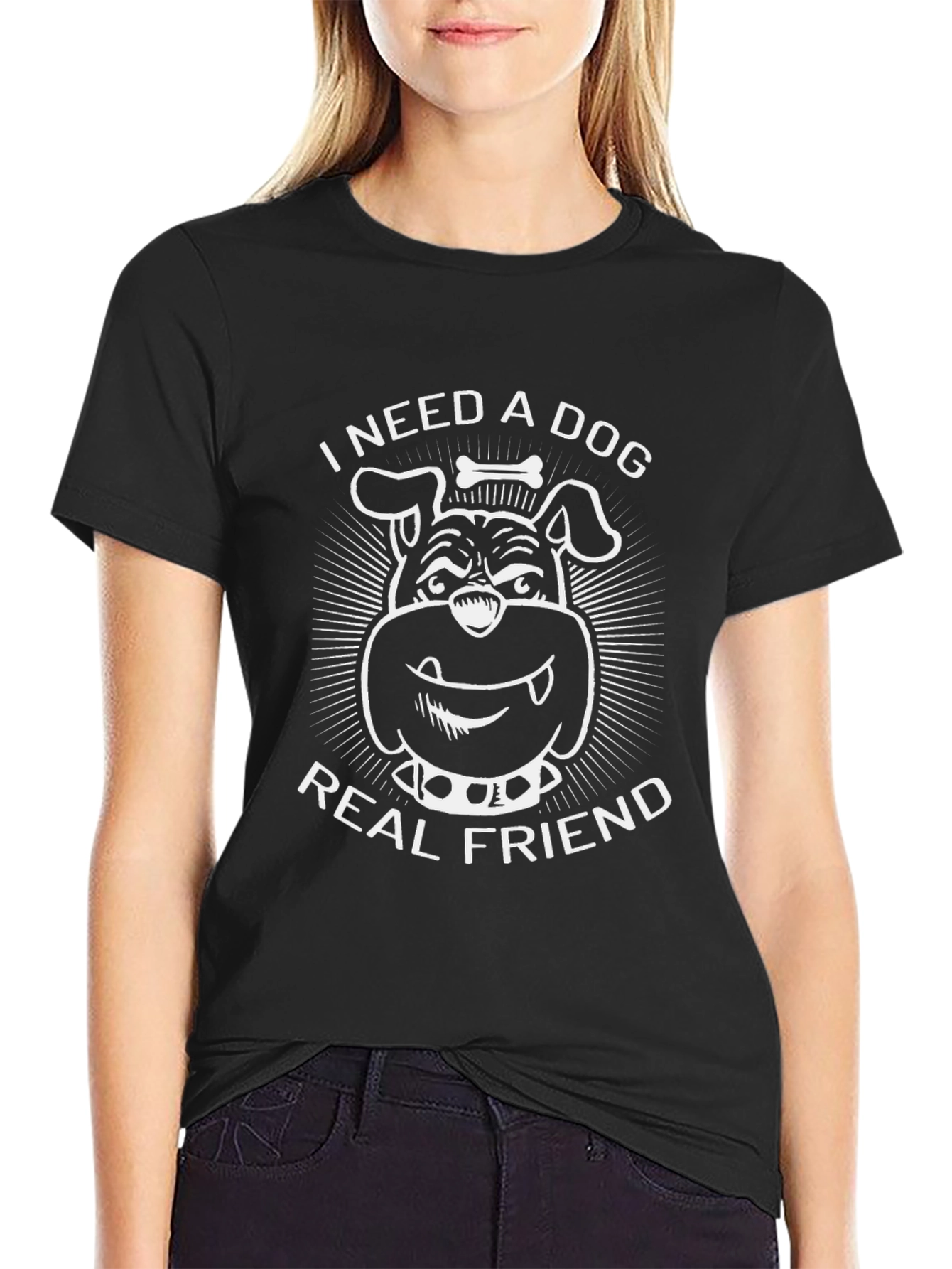 Black I Need a Dog Real Friend Graphic T-Shirt view 2