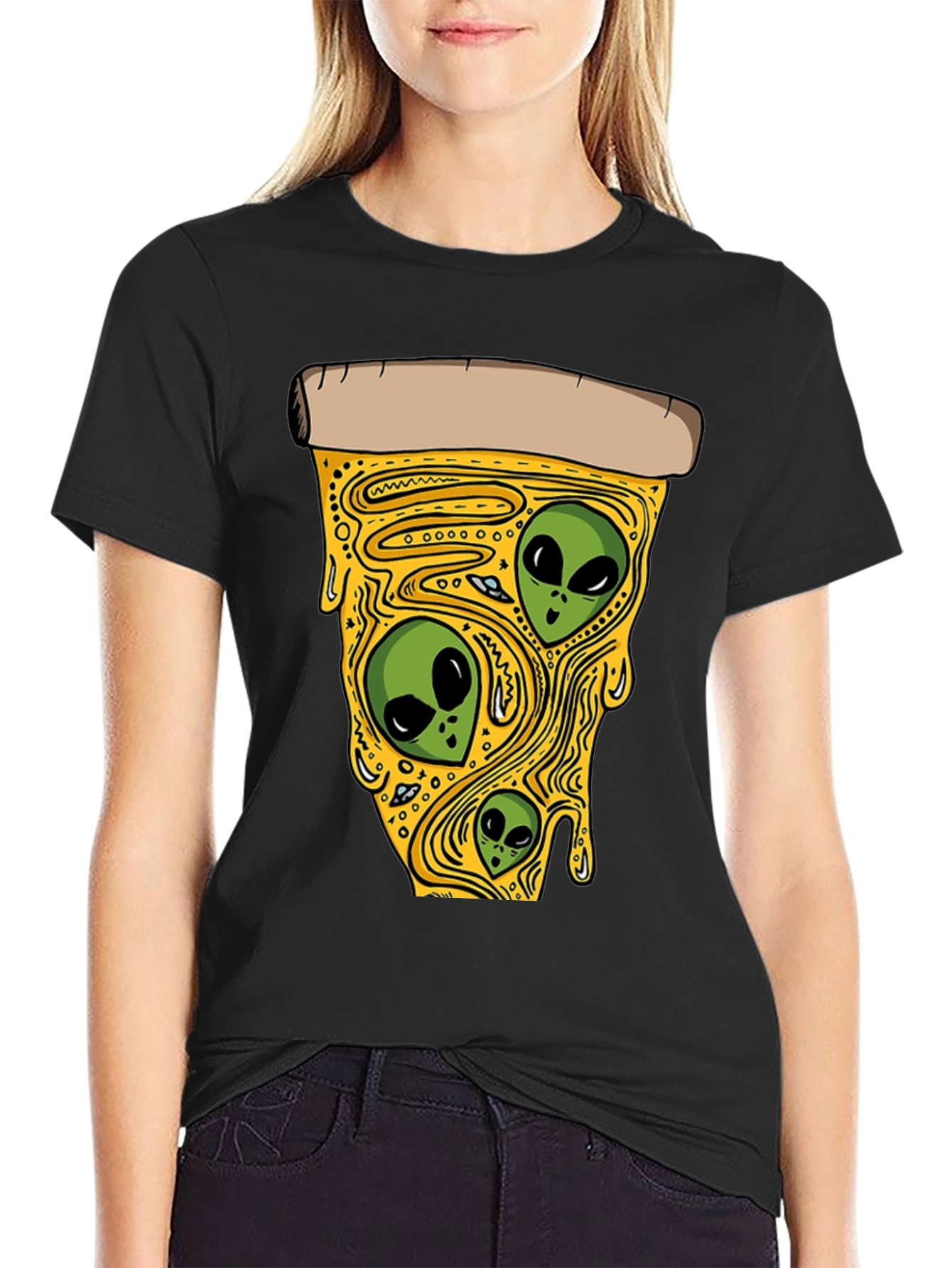 Black Alien Pizza Graphic T-Shirt view 2