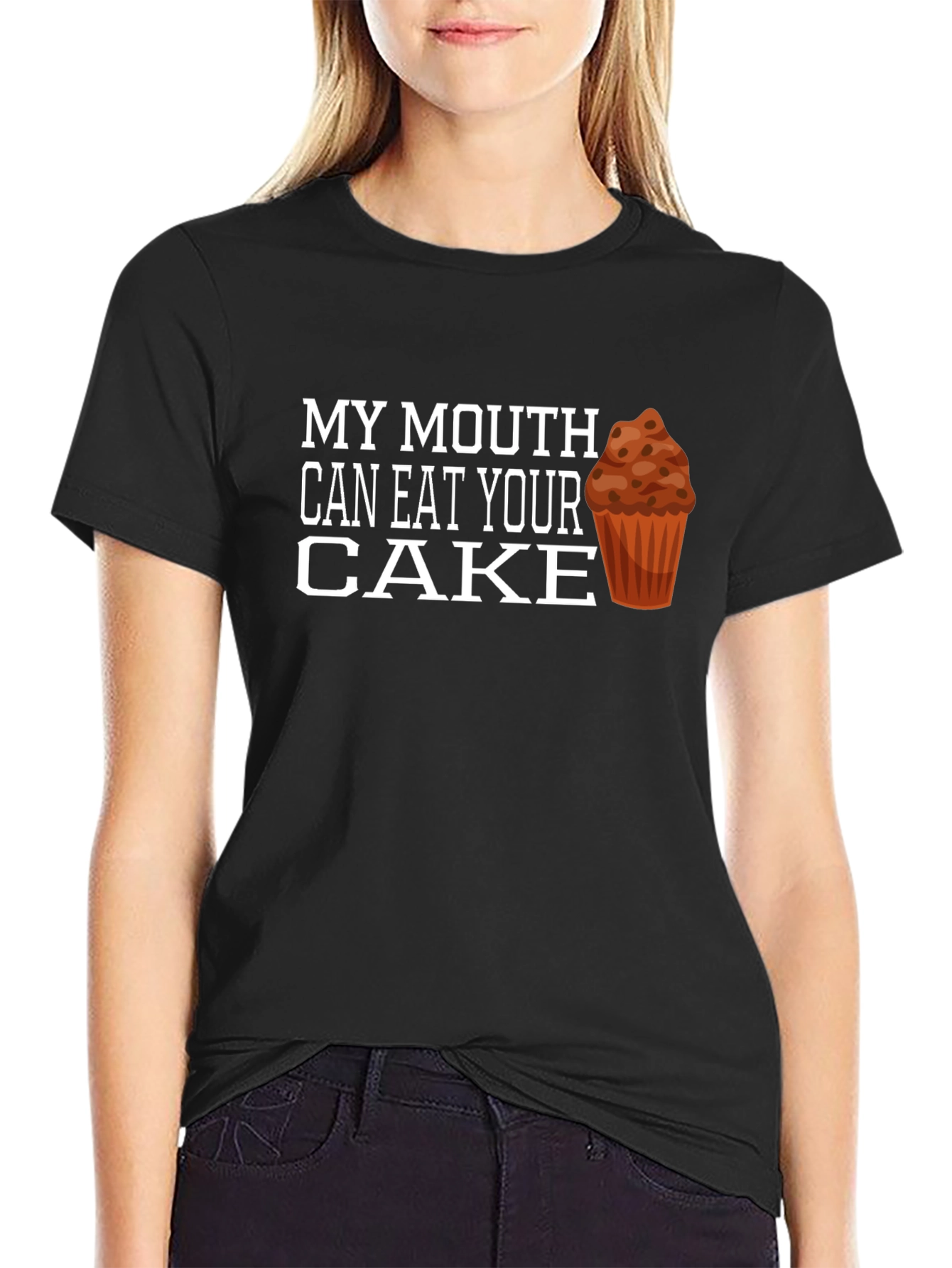 Black Funny Cake T-Shirt - My Mouth Can Eat Your Cake view 2