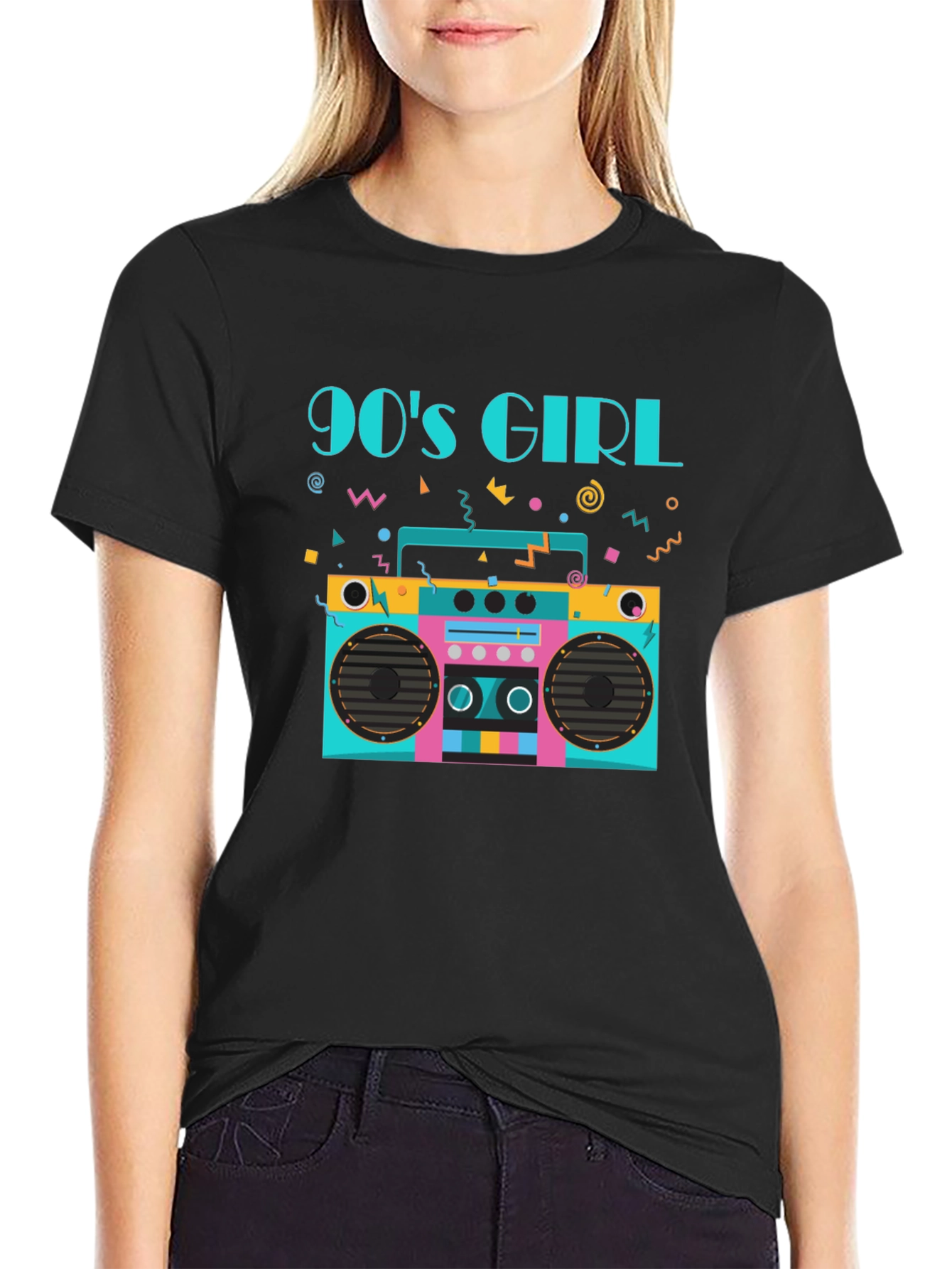Black 90s Girl Graphic Tee - Retro Boombox Design Black T-Shirt view 2