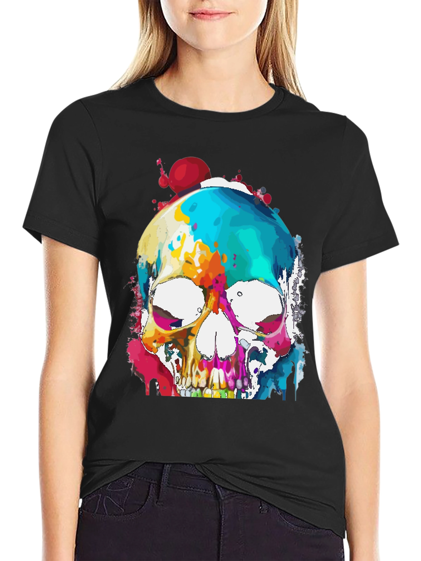Black Colorful Skull Graphic Tee - Men's Black T-Shirt view 2