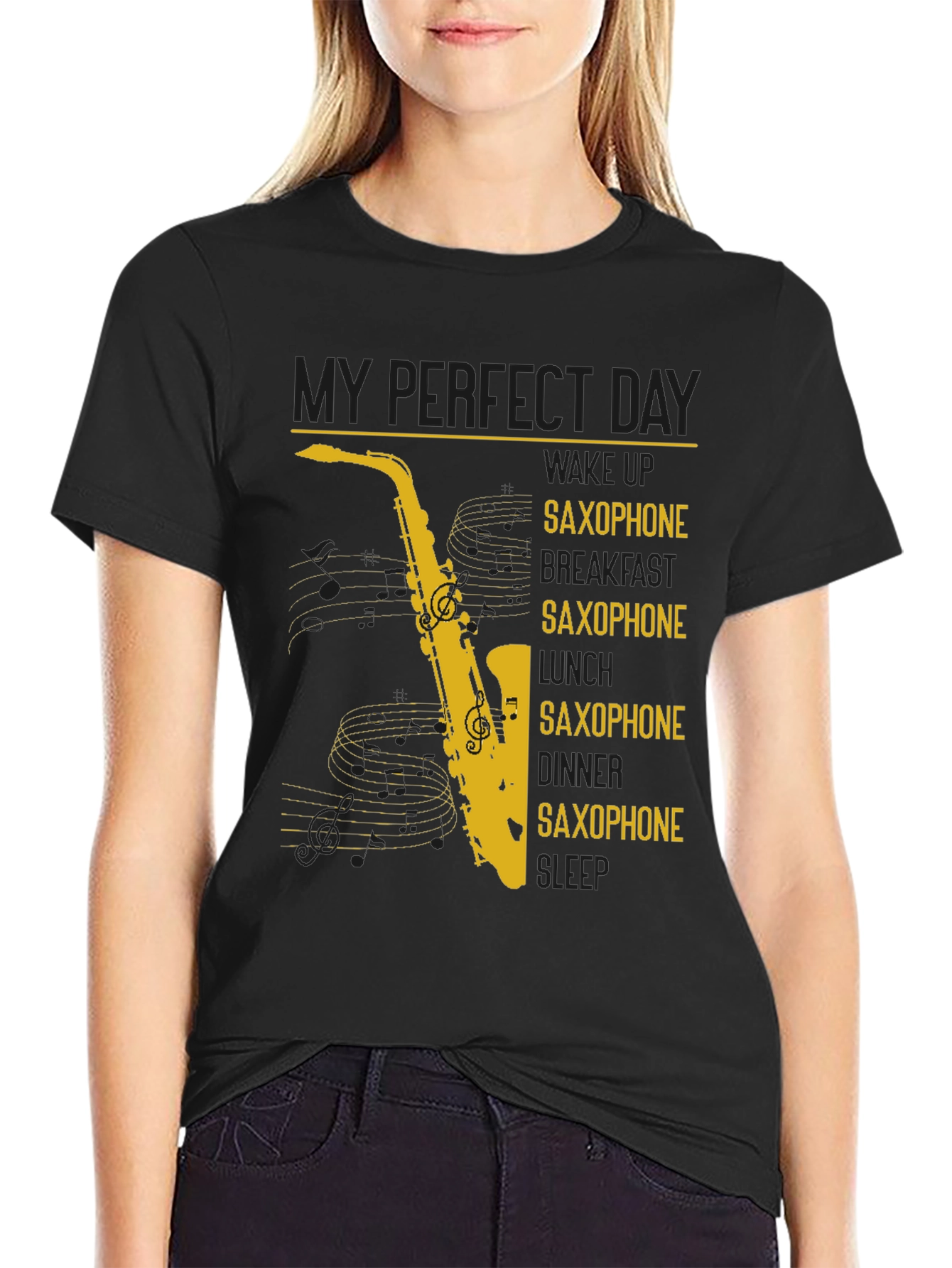 Black Saxophone Lover Graphic T-Shirt - Perfect Day Design view 2