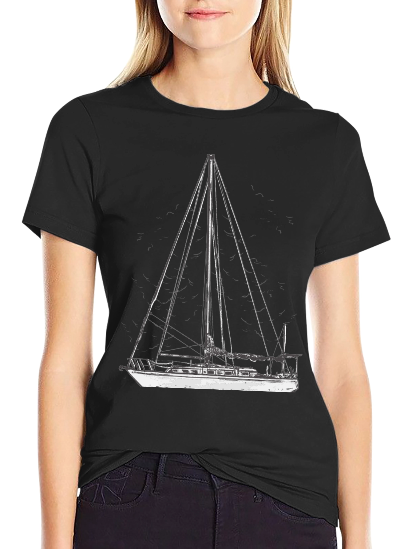 Black Nautical Sailboat Graphic T-Shirt - Black Cotton Tee view 2
