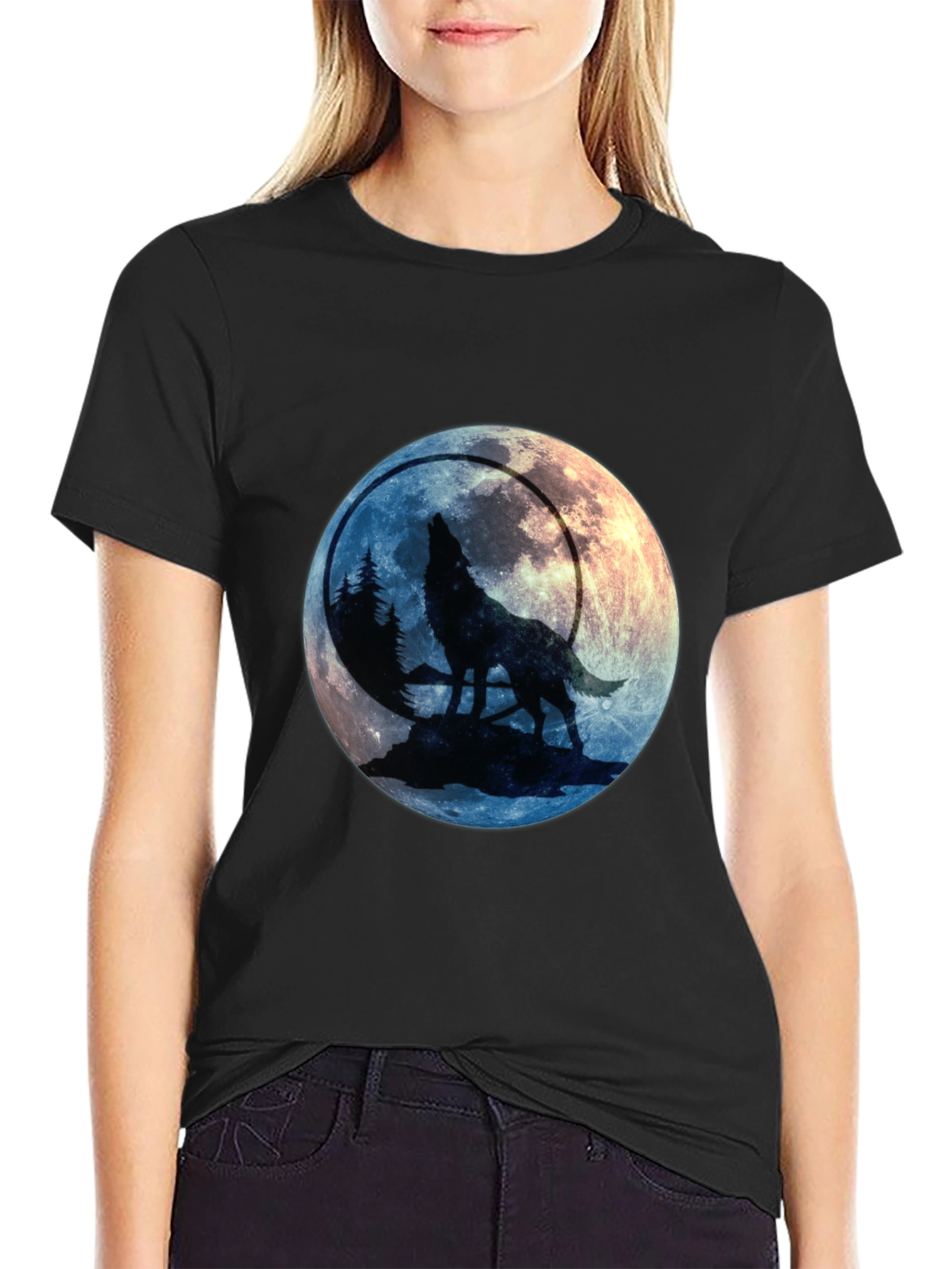 Black Wolf Howling at Moon Graphic Tee view 2