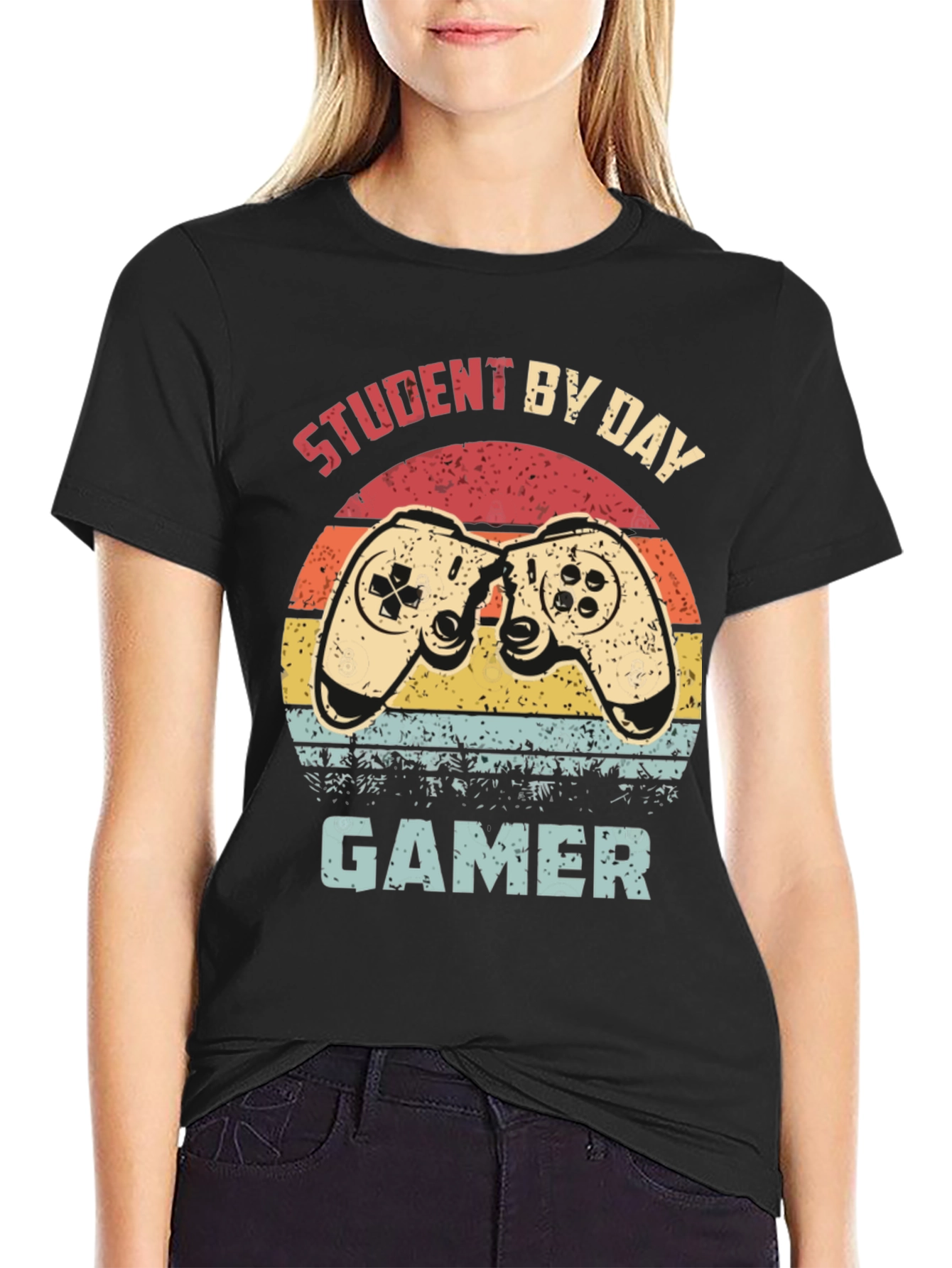 Black Student by Day Gamer T-Shirt - Retro Design view 2